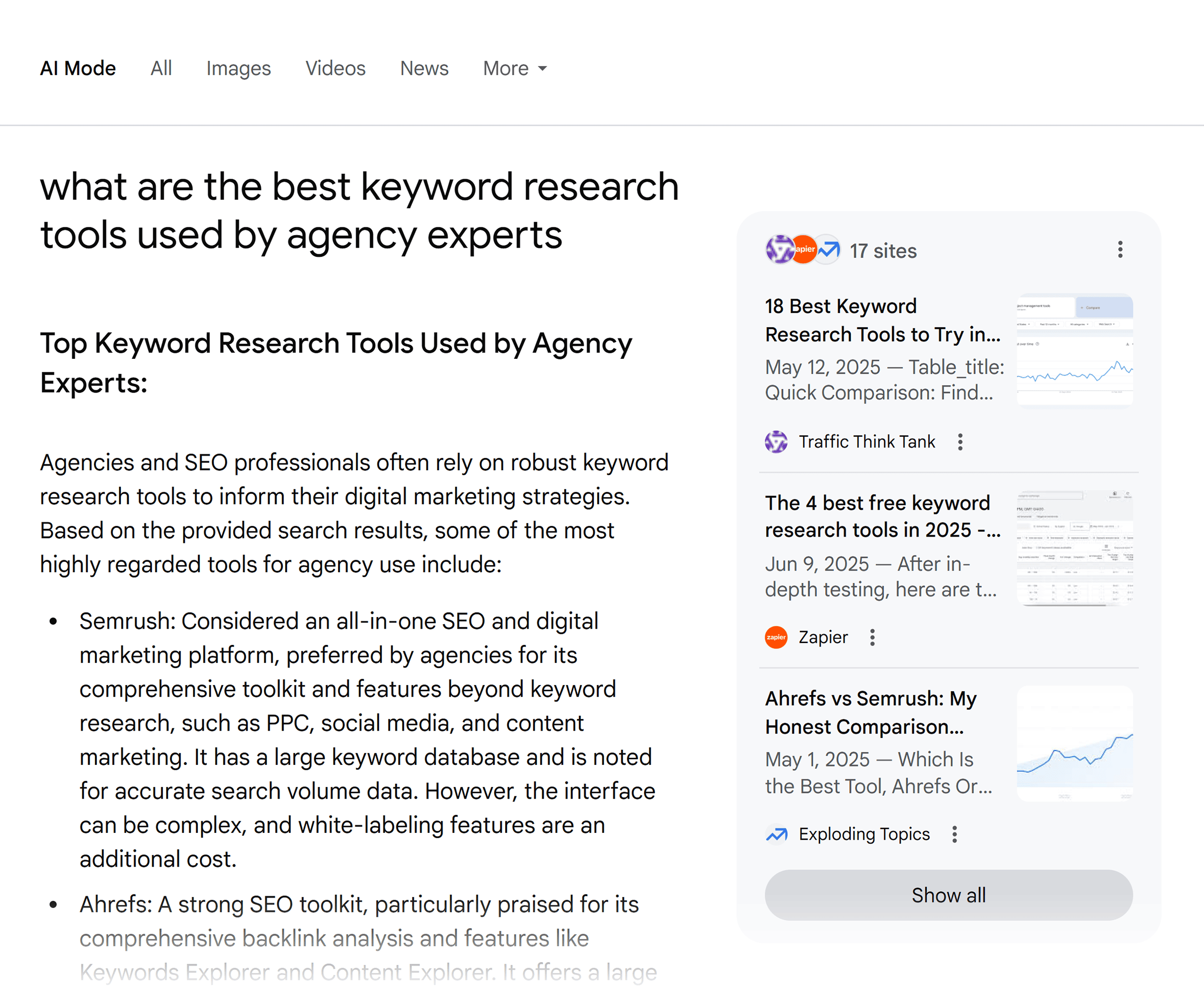Google SERP – Keyword research tools – AI Mode Google SERP – Keyword research tools – AI Mode
