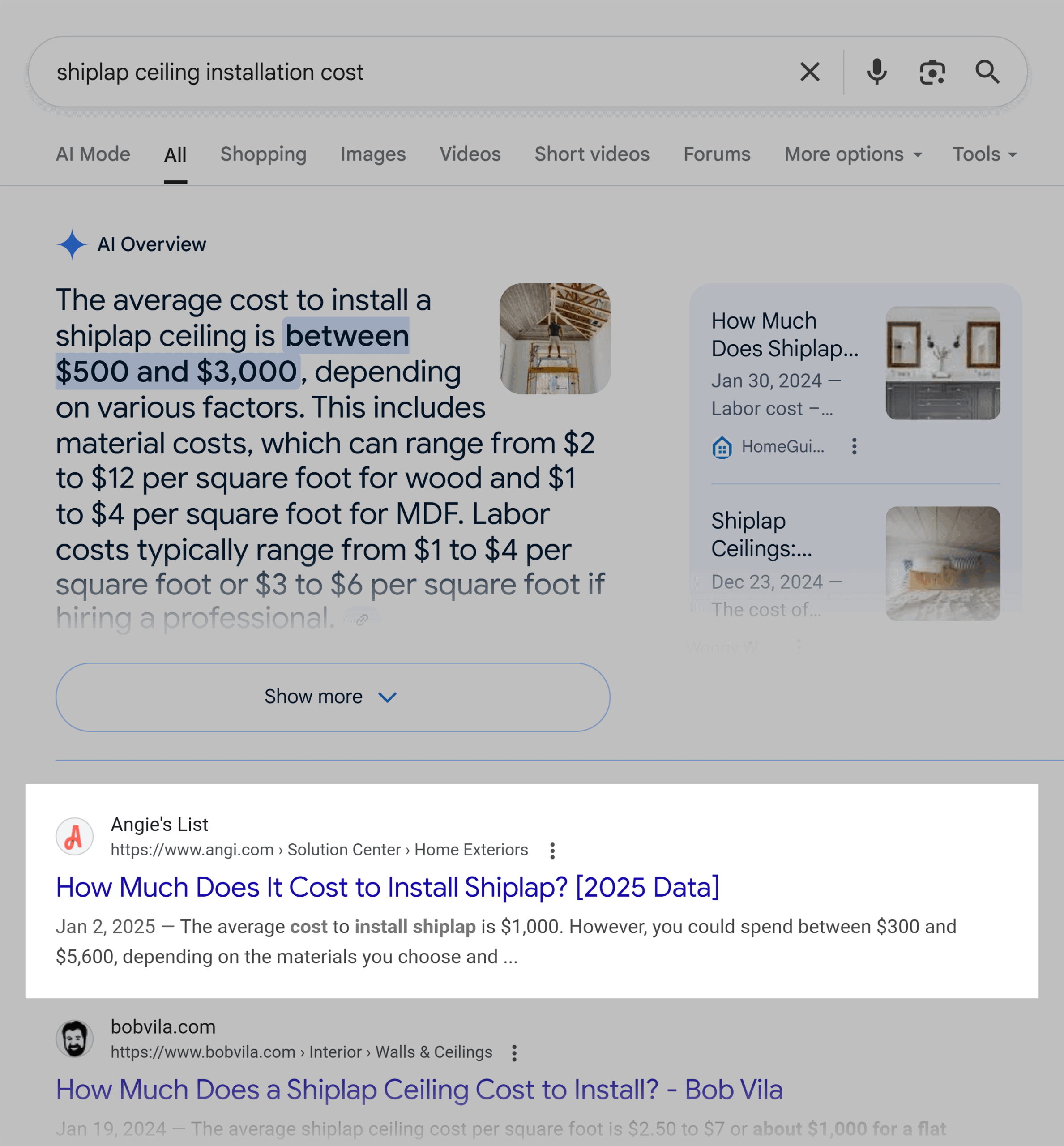 Google SERP – Shiplap ceiling installation cost – AI Overview Google SERP – Shiplap ceiling installation cost – AI Overview