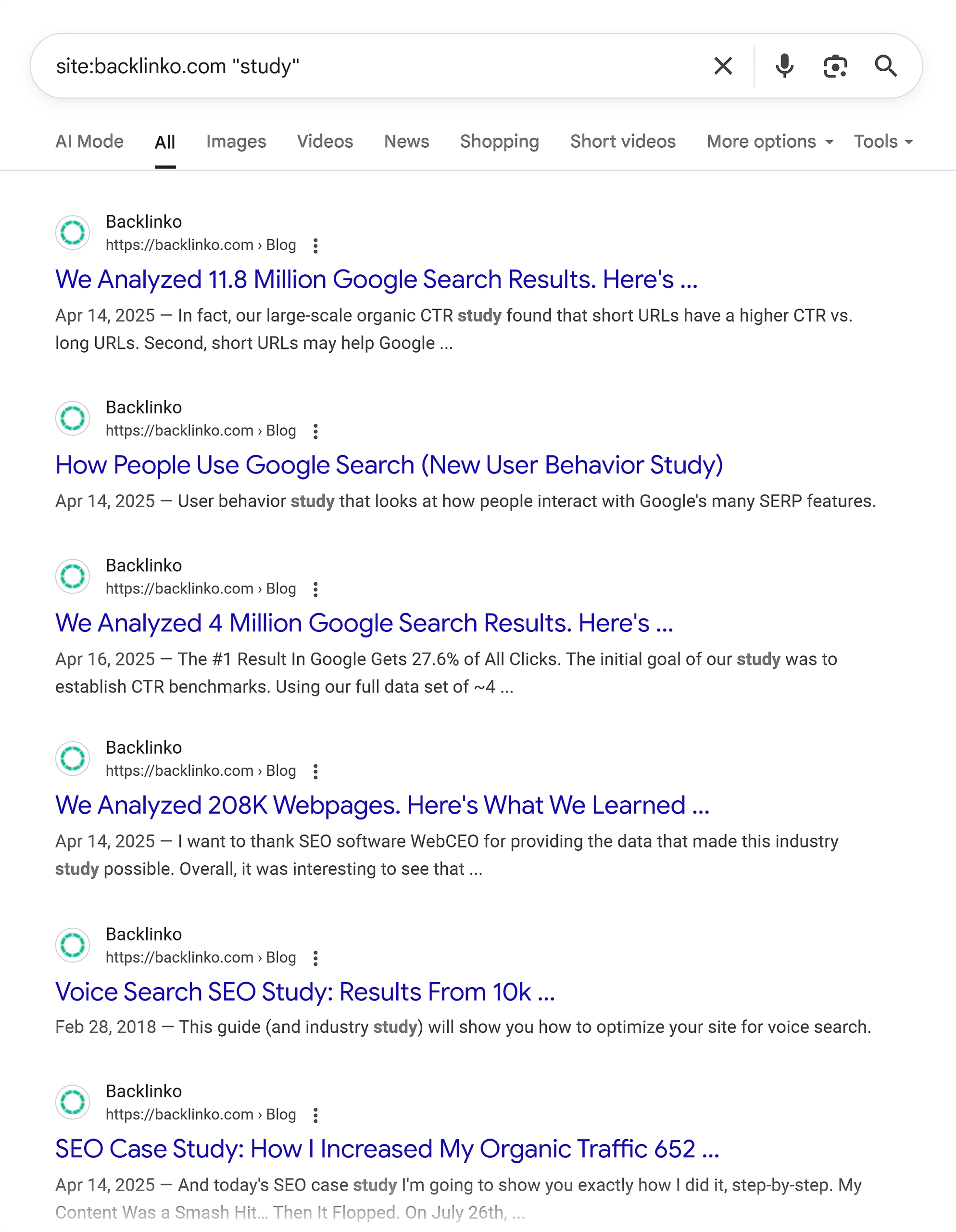 Google SERP – Site:Backlinko study Google SERP – Site:Backlinko study