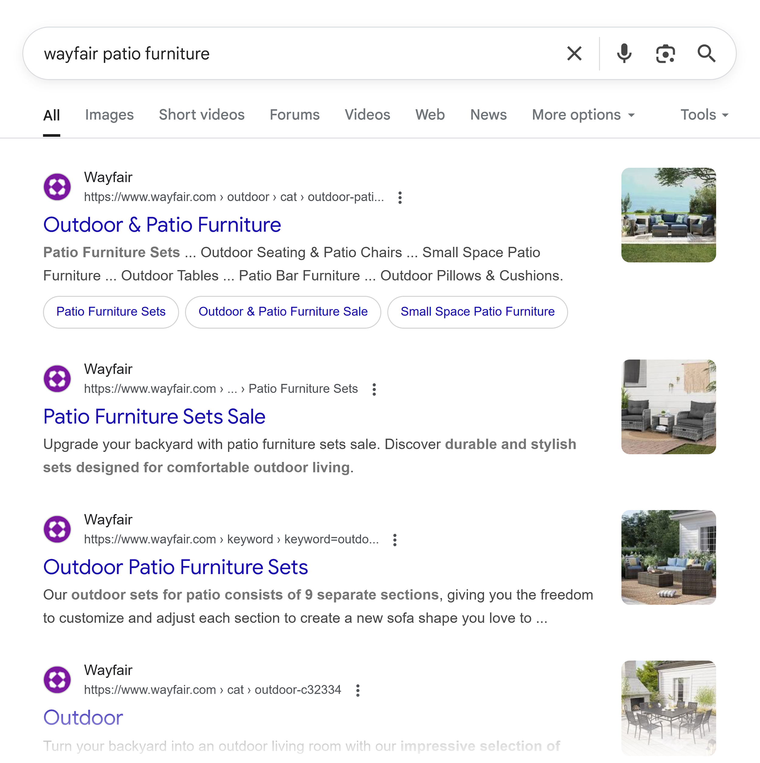 Google SERP – Wayfair patio furniture