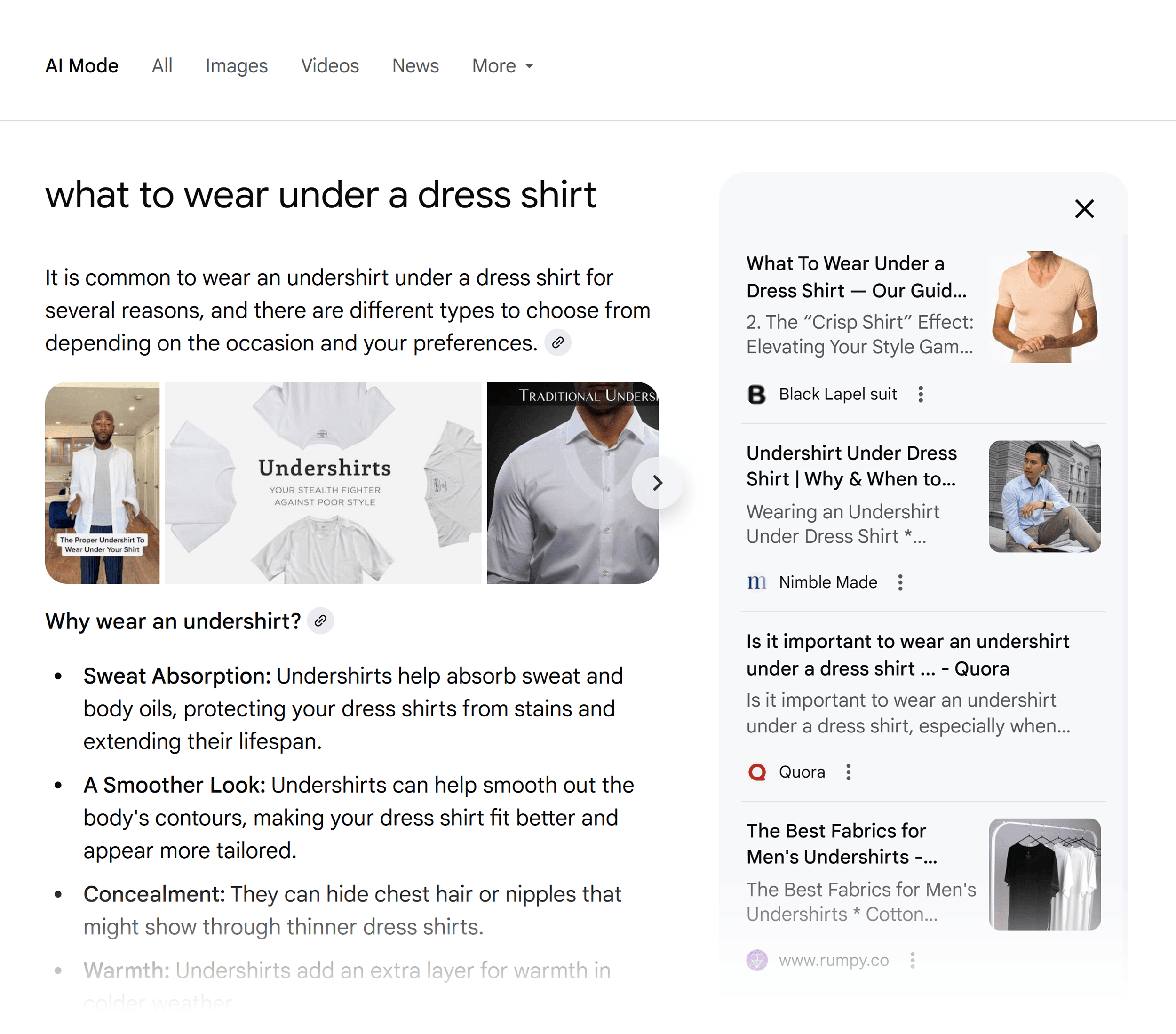 Google SERP – What to wear under a dress shirt – AI Mode Google SERP – What to wear under a dress shirt – AI Mode
