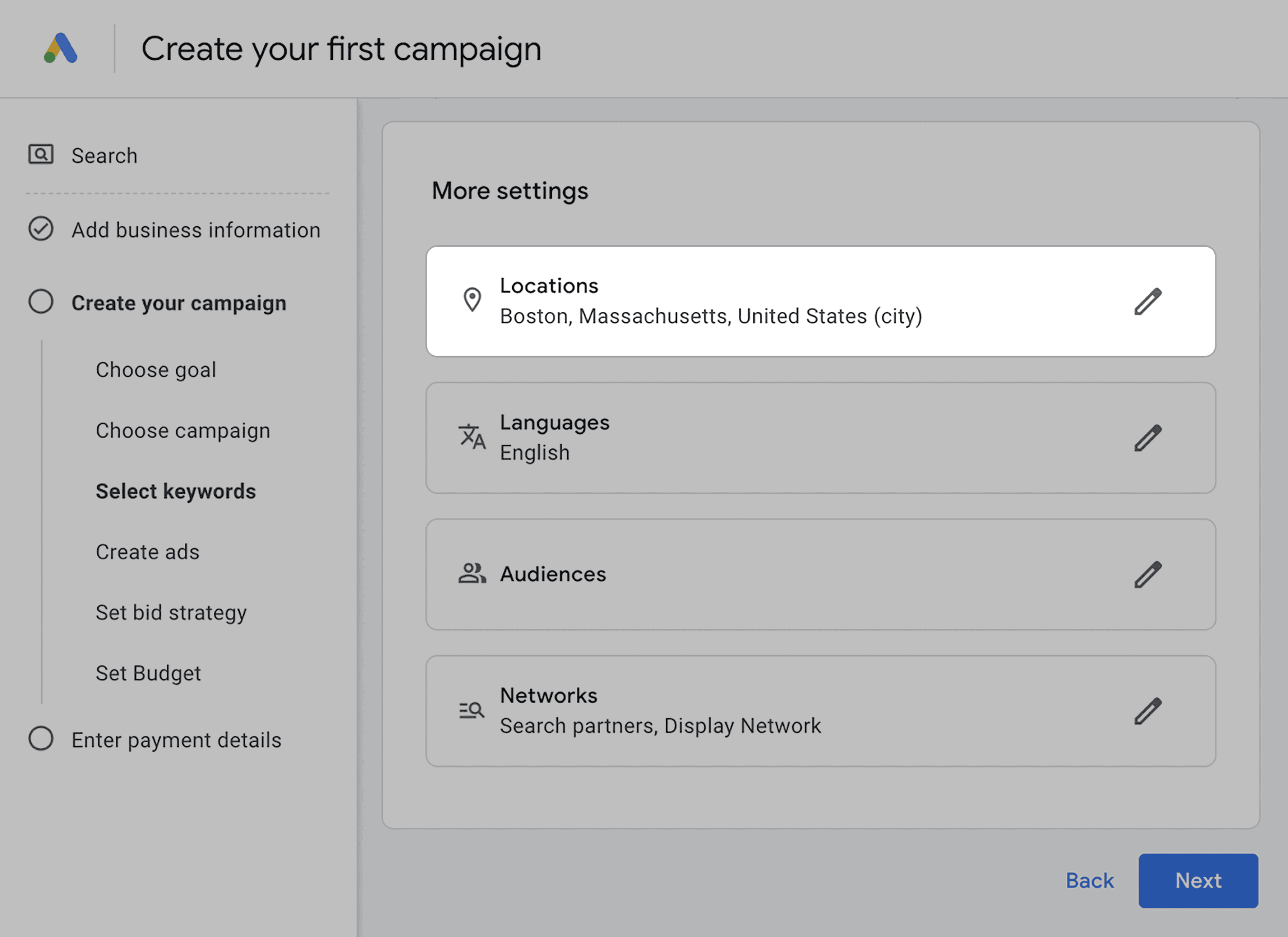 Google Ads – Create campaign – Select keywords – Settings