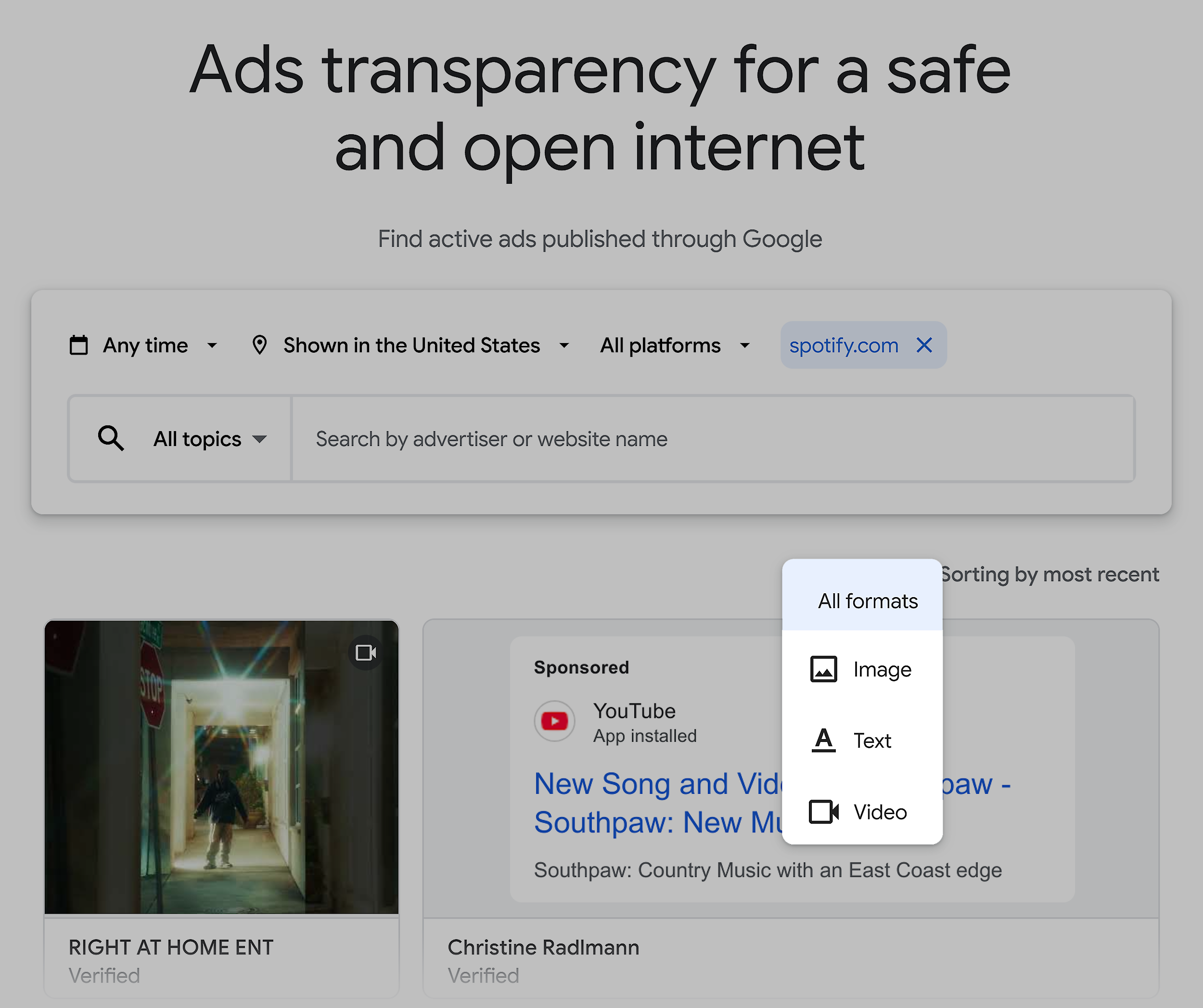 Google – Ads Transparency Center – Format filter Google – Ads Transparency Center – Format filter
