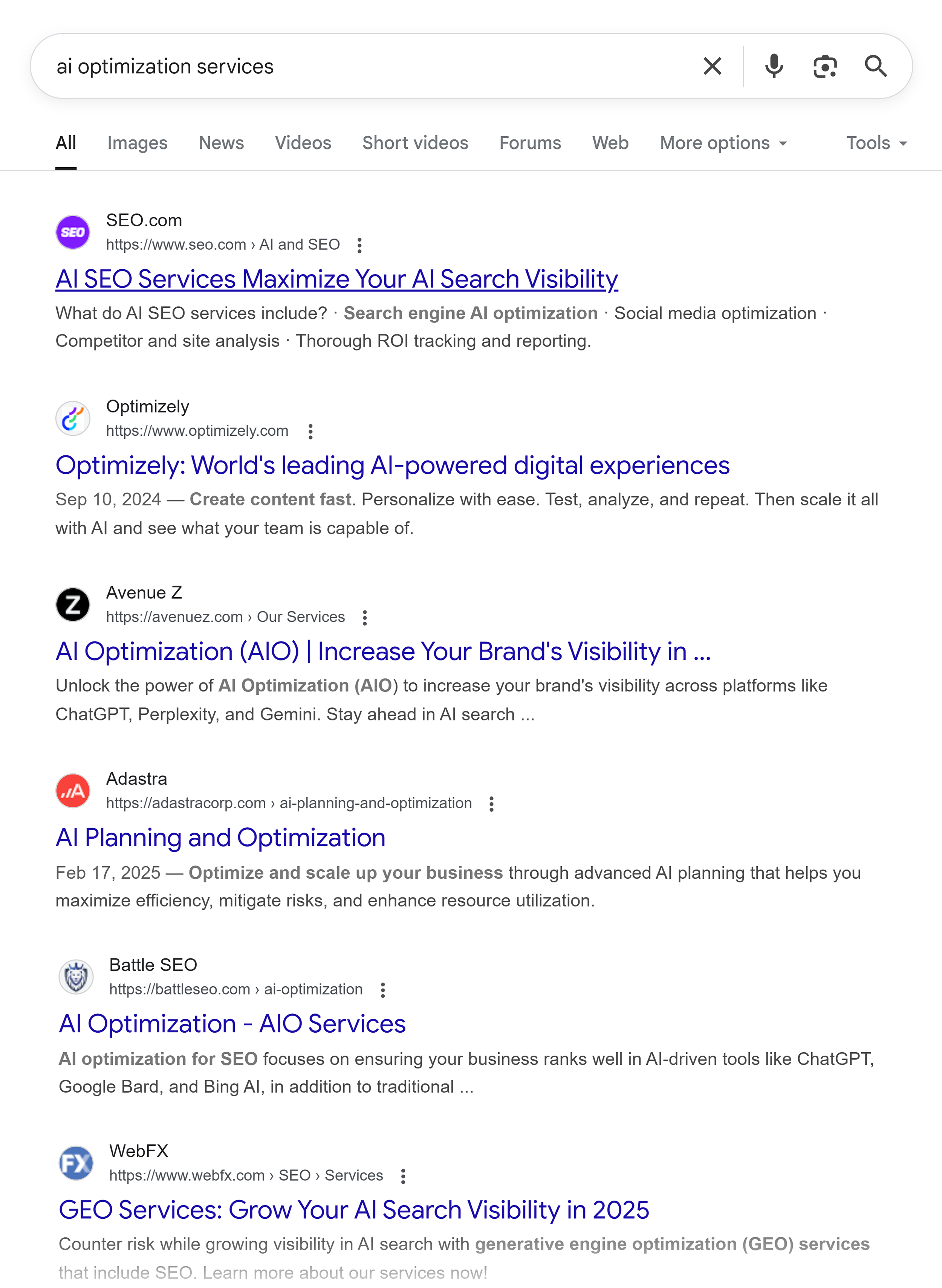 Google SERP – AI optimization services Google SERP – AI optimization services