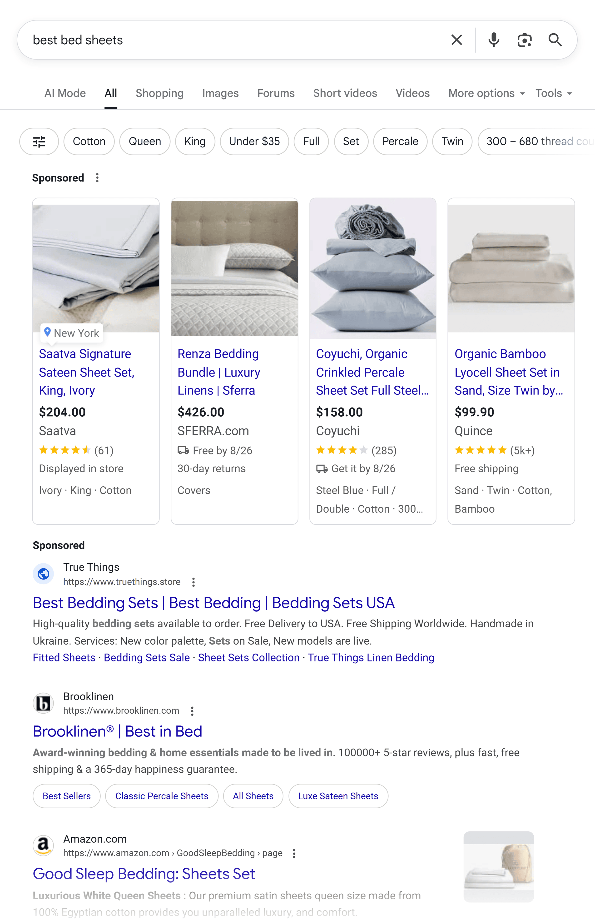 Google SERP – Best bed sheets
