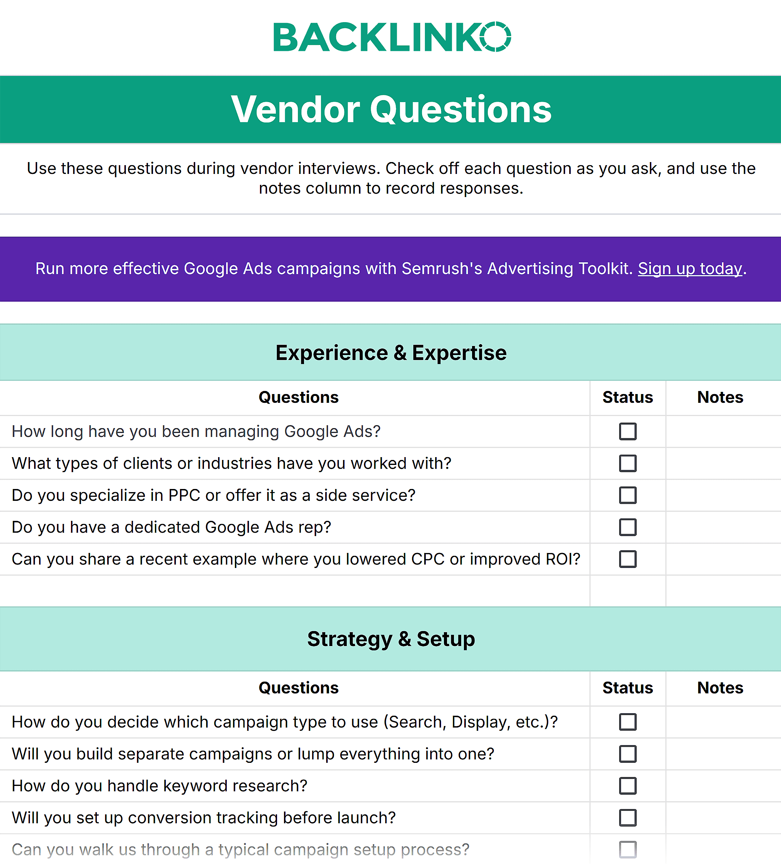 PPC Vendor Evaluation Cheat Sheet by Backlinko