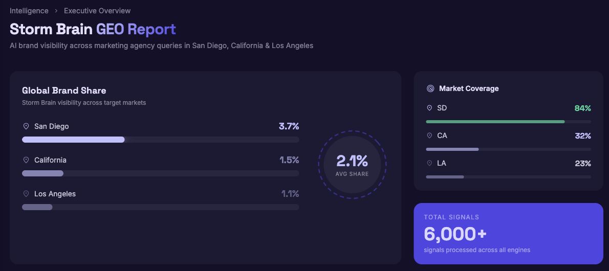 Sellm Storm Brain demo overview showing brand share and market coverage.