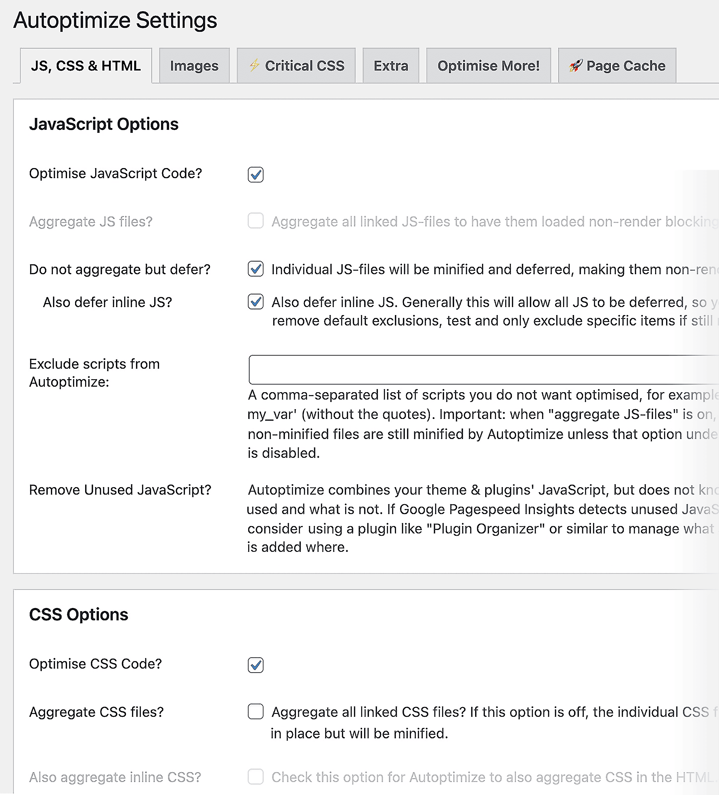 WP Rocket – Autoptimize Settings