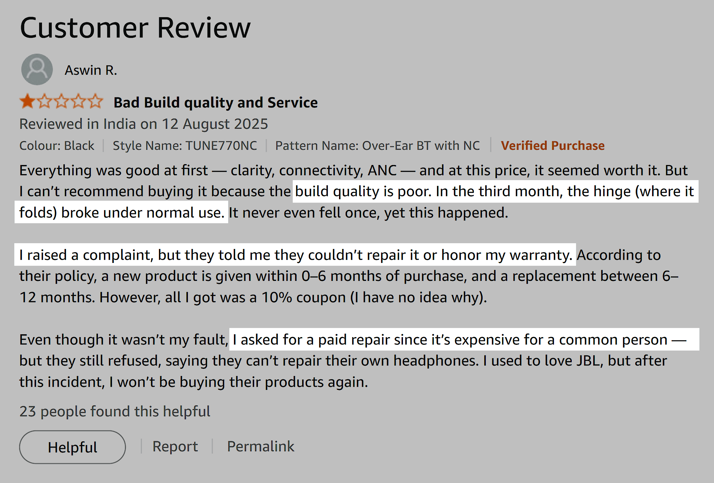Amazon – Customer Review – Bad quality