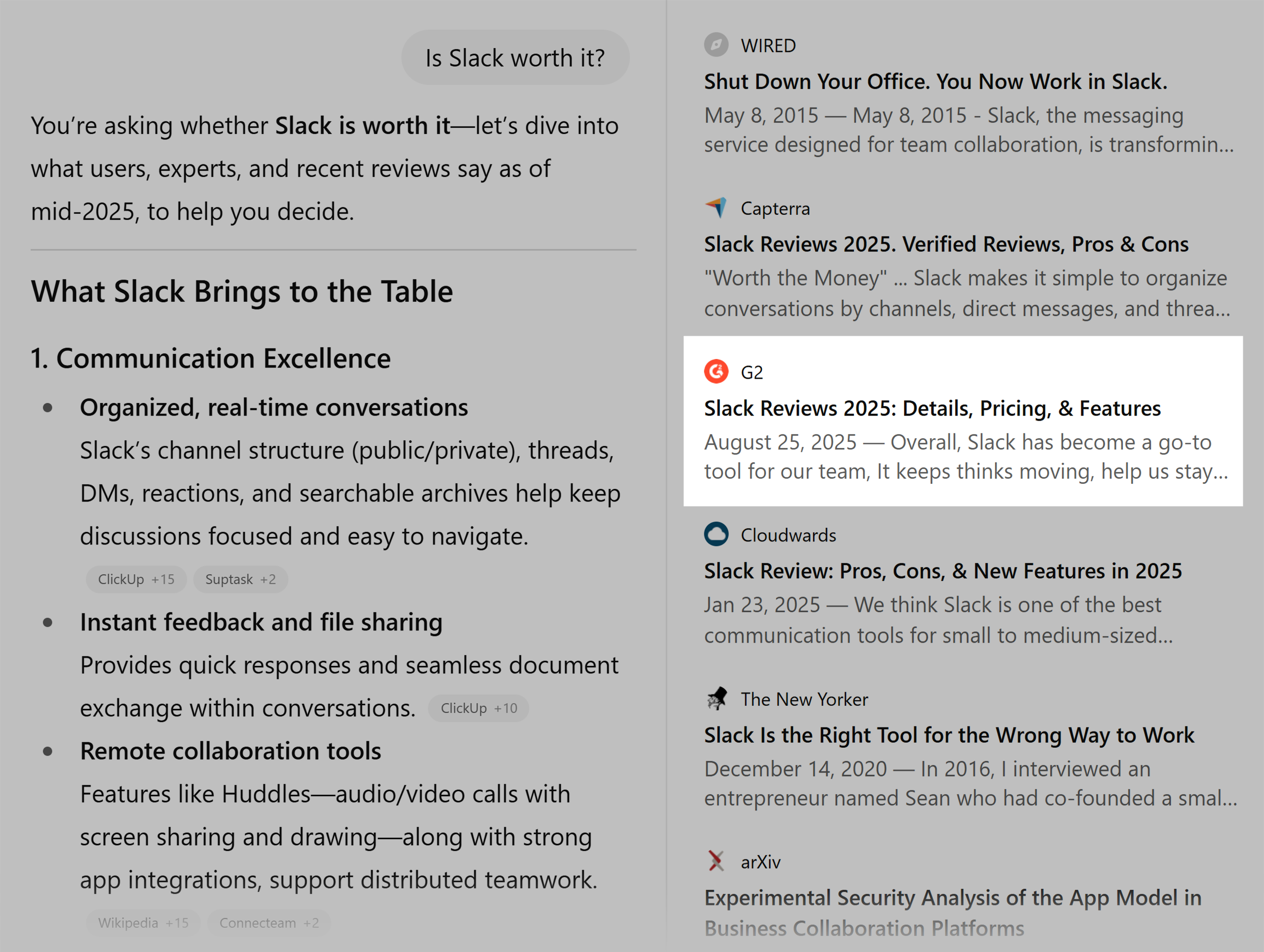 ChatGPT – Is Slack worth it – G2 citation