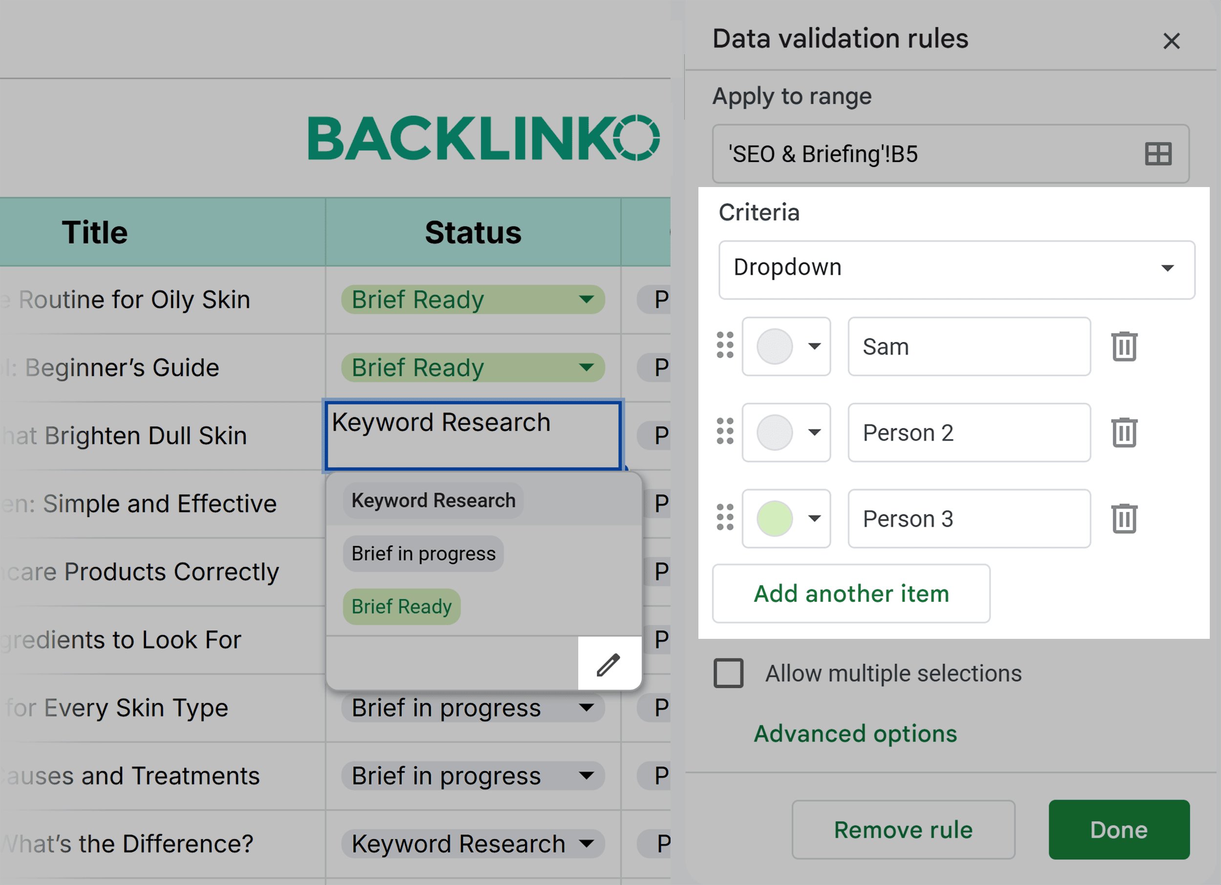 Content Calendar Template by Backlinko – Data validation rules – Status edited