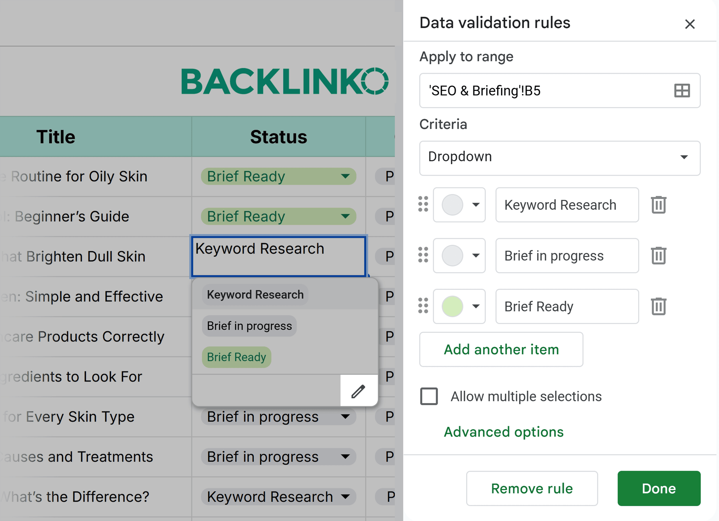 Content Calendar Template by Backlinko – Data validation rules