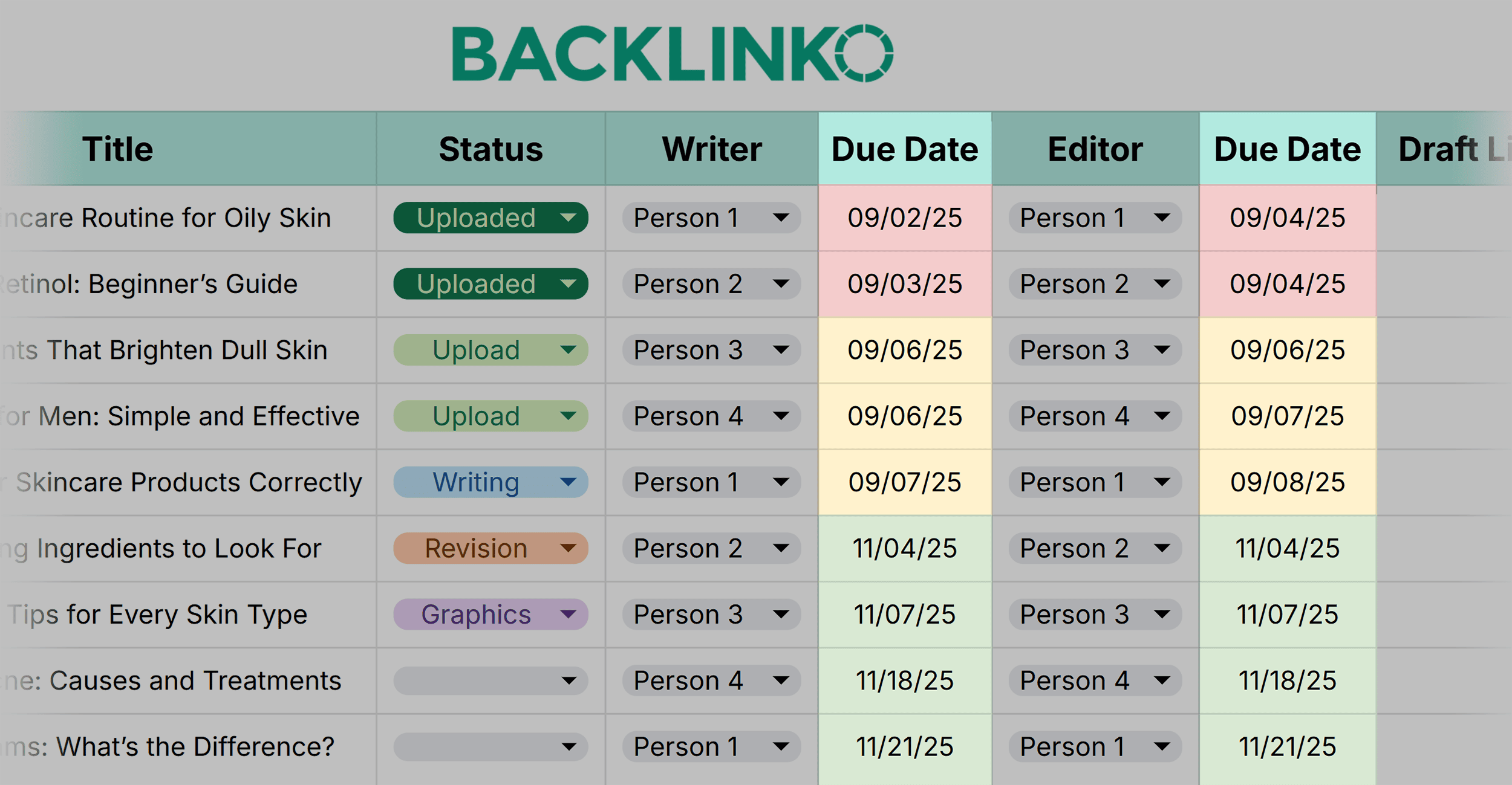 Content Calendar Template by Backlinko – Production Tab