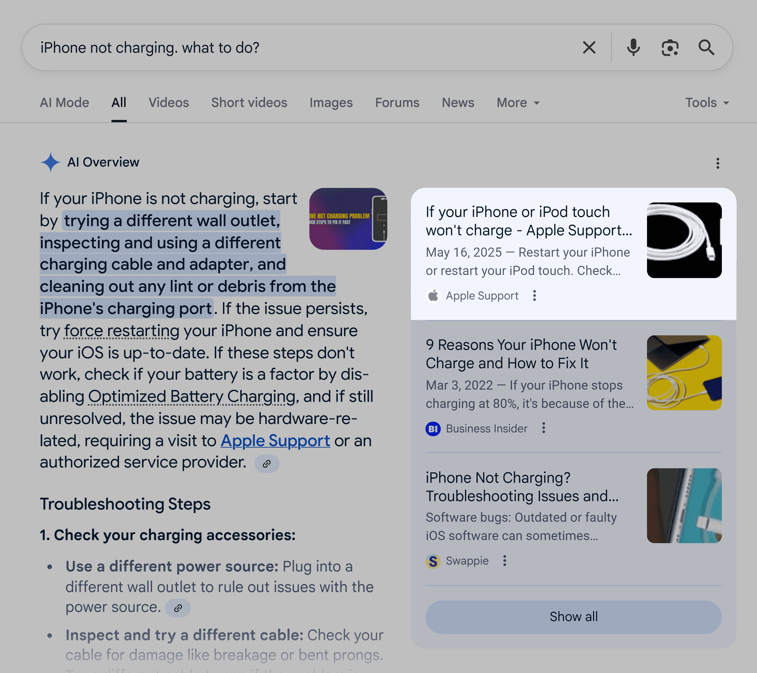Google AI Mode – Apple support