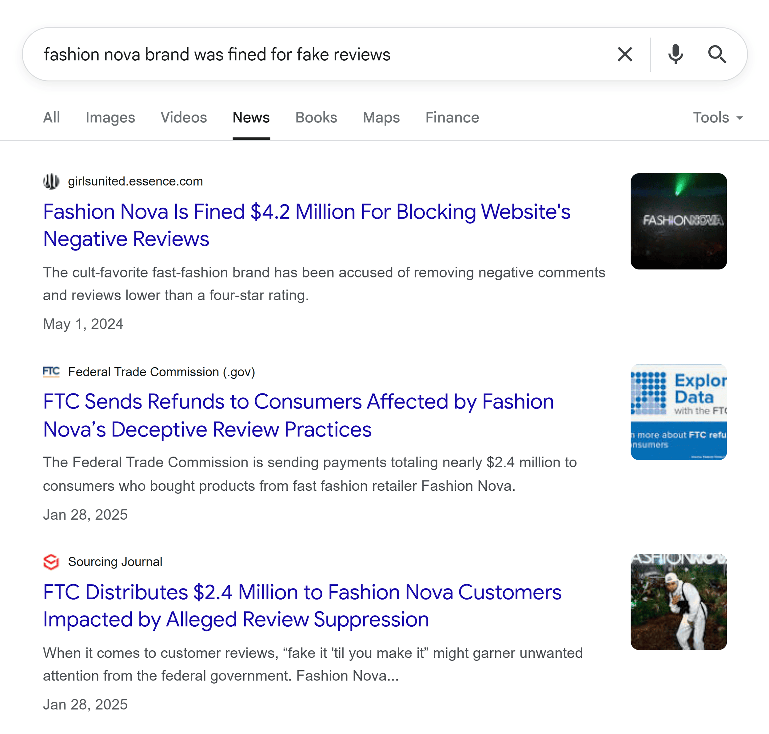 Google SERP – Fashion Nova – Fake reviews