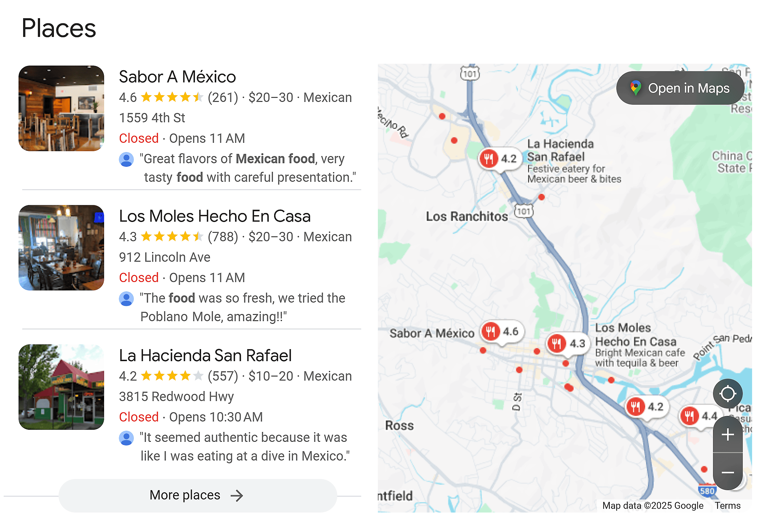 Google SERP – Mexican restaurant in San Rafael – Places