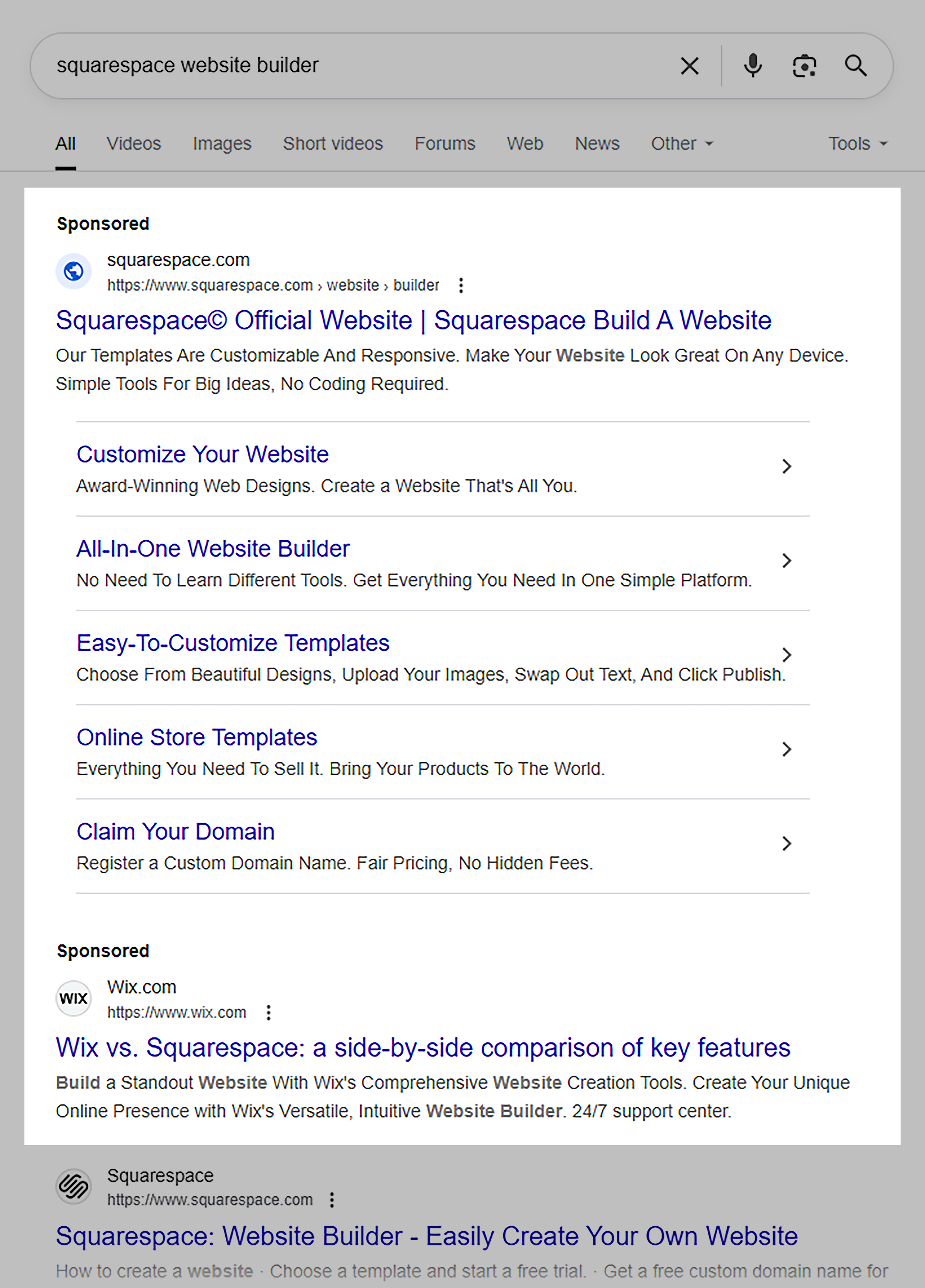 Google SERP – Squarespace Website Builder (sponsored)