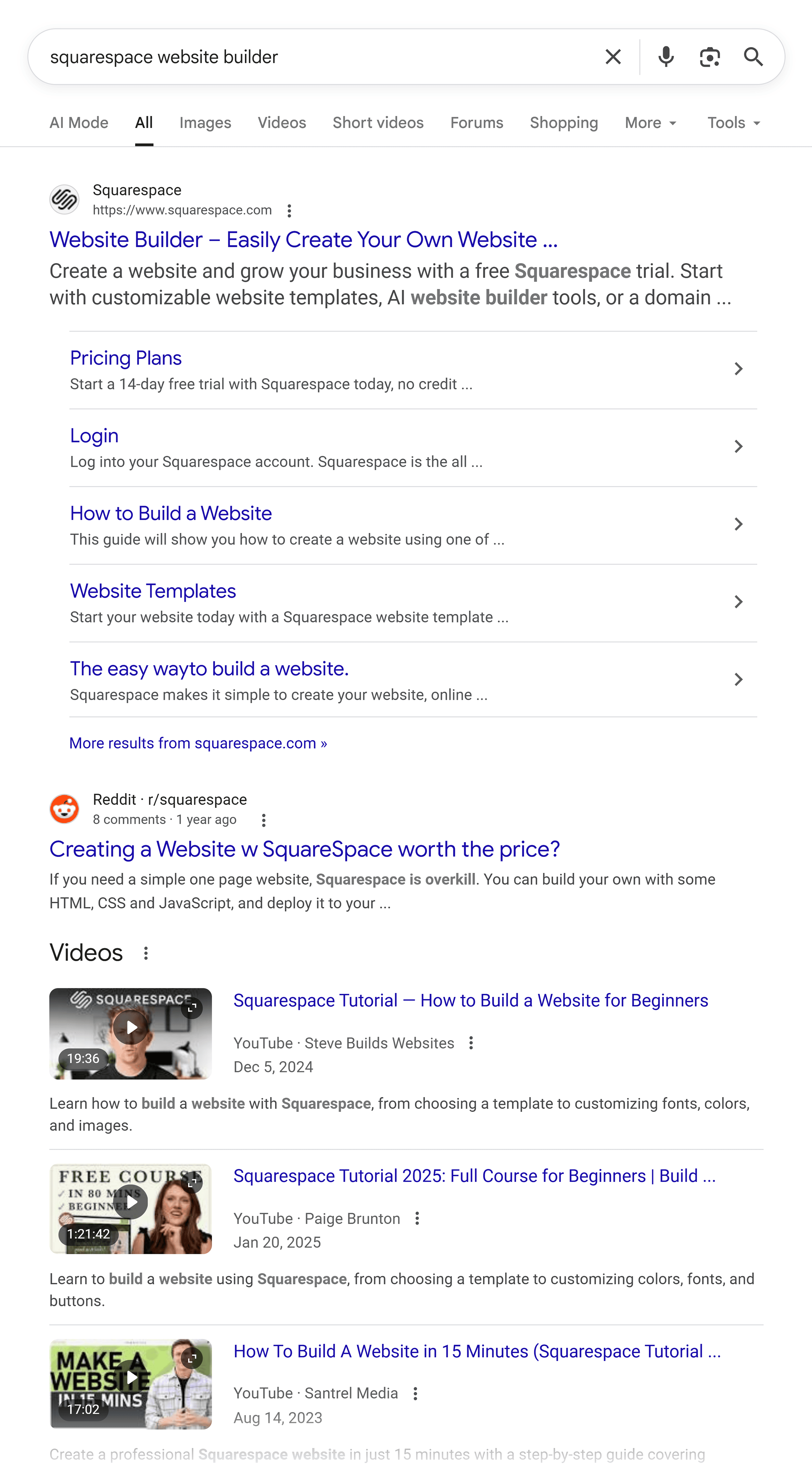 Google SERP – Squarespace-website-builder (organic)