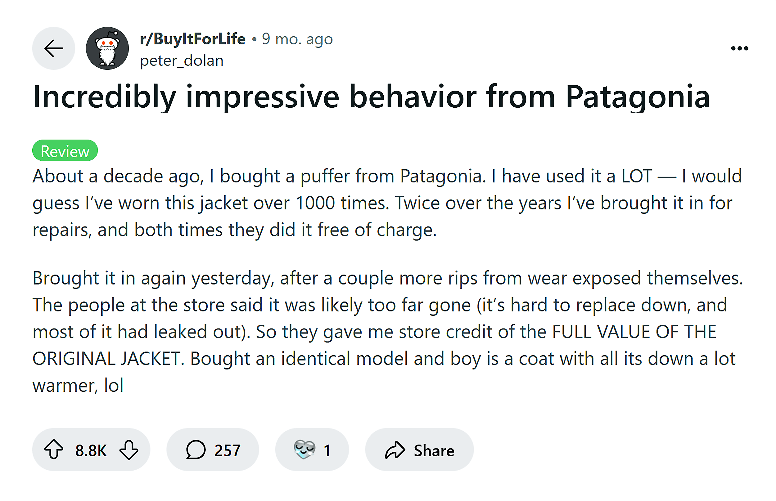 Reddit – Patagonia's exchange policy