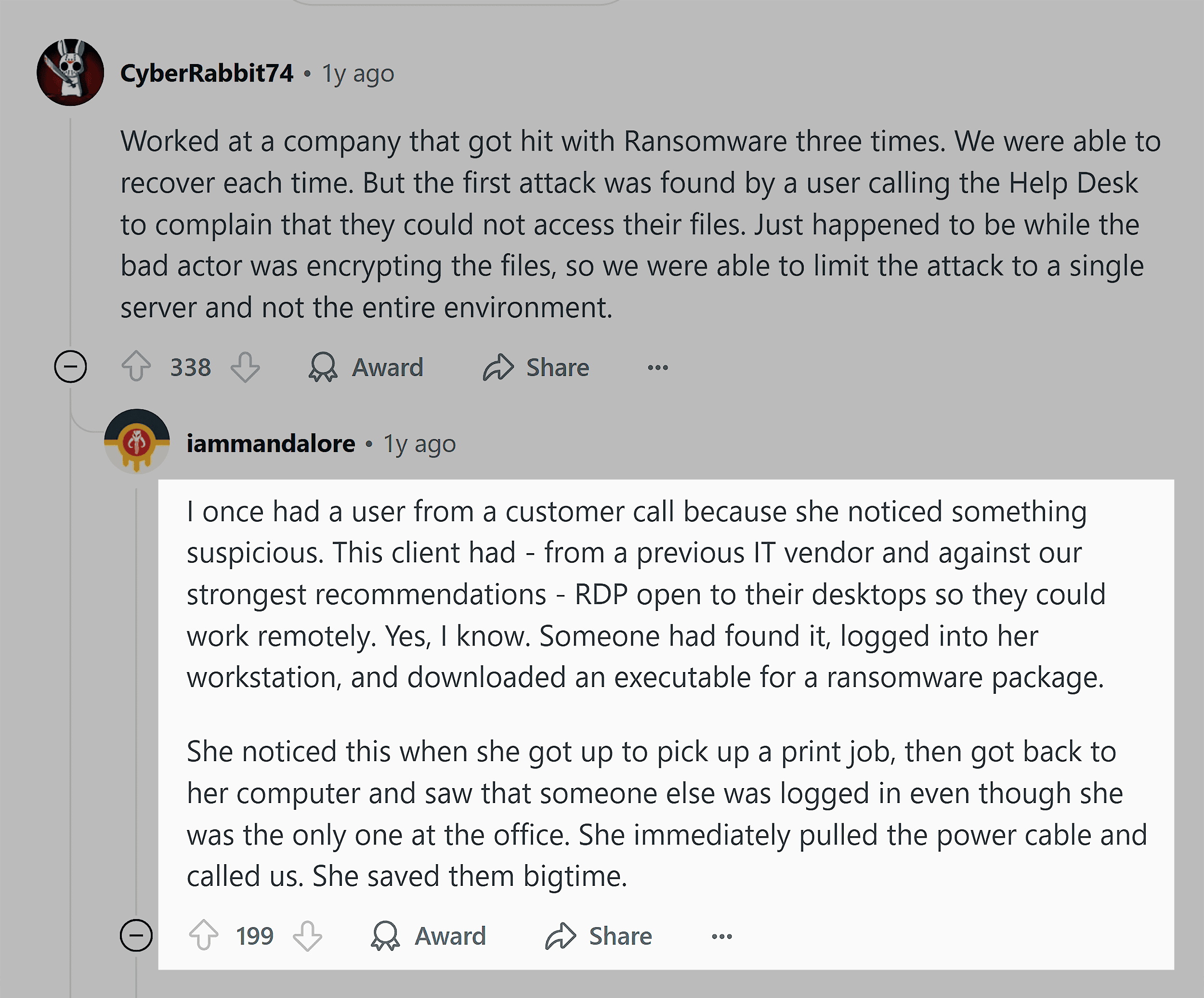 Reddit – Shared experience comment
