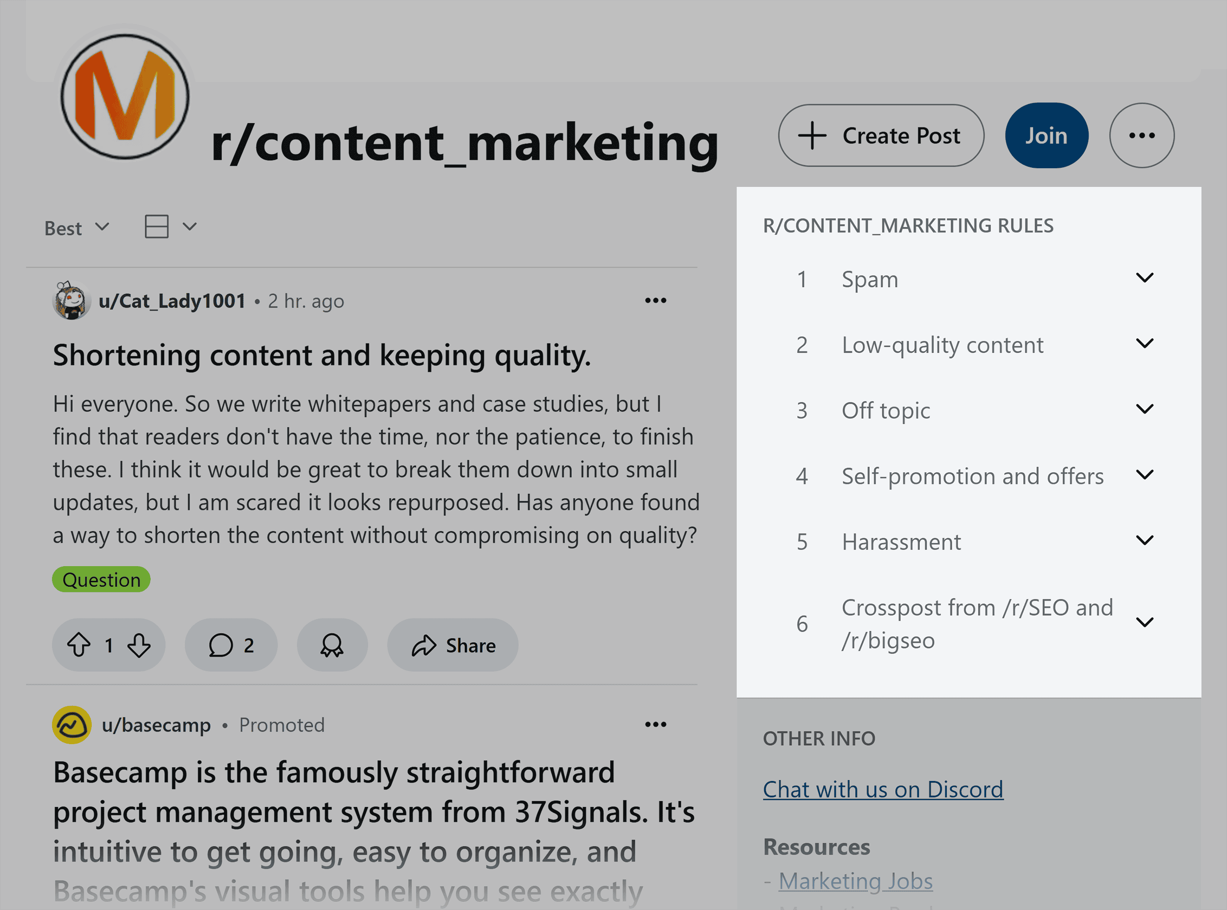 Reddit – Subreddit marketing rules in the sidebar