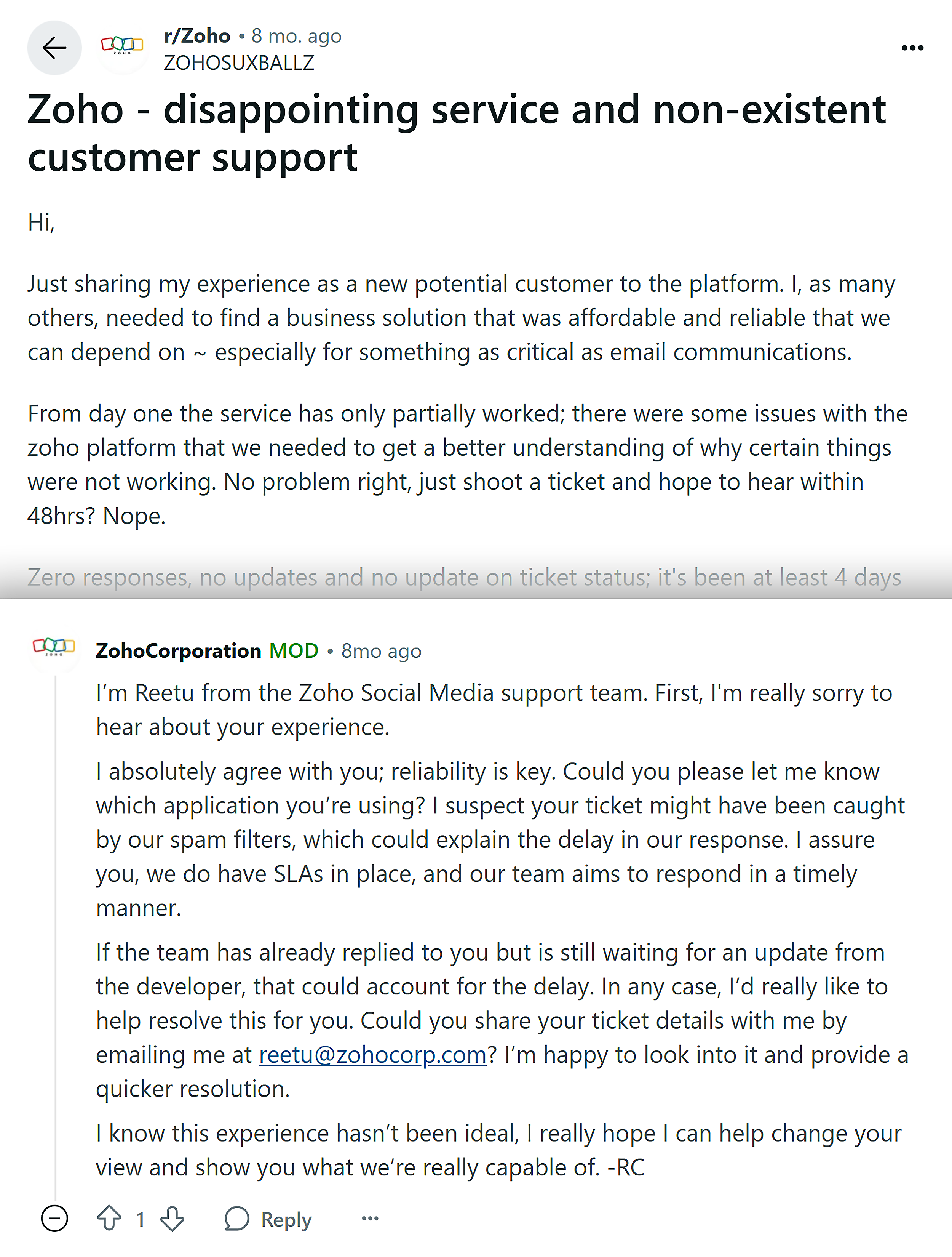 Reddit – Zoho take part in discussions