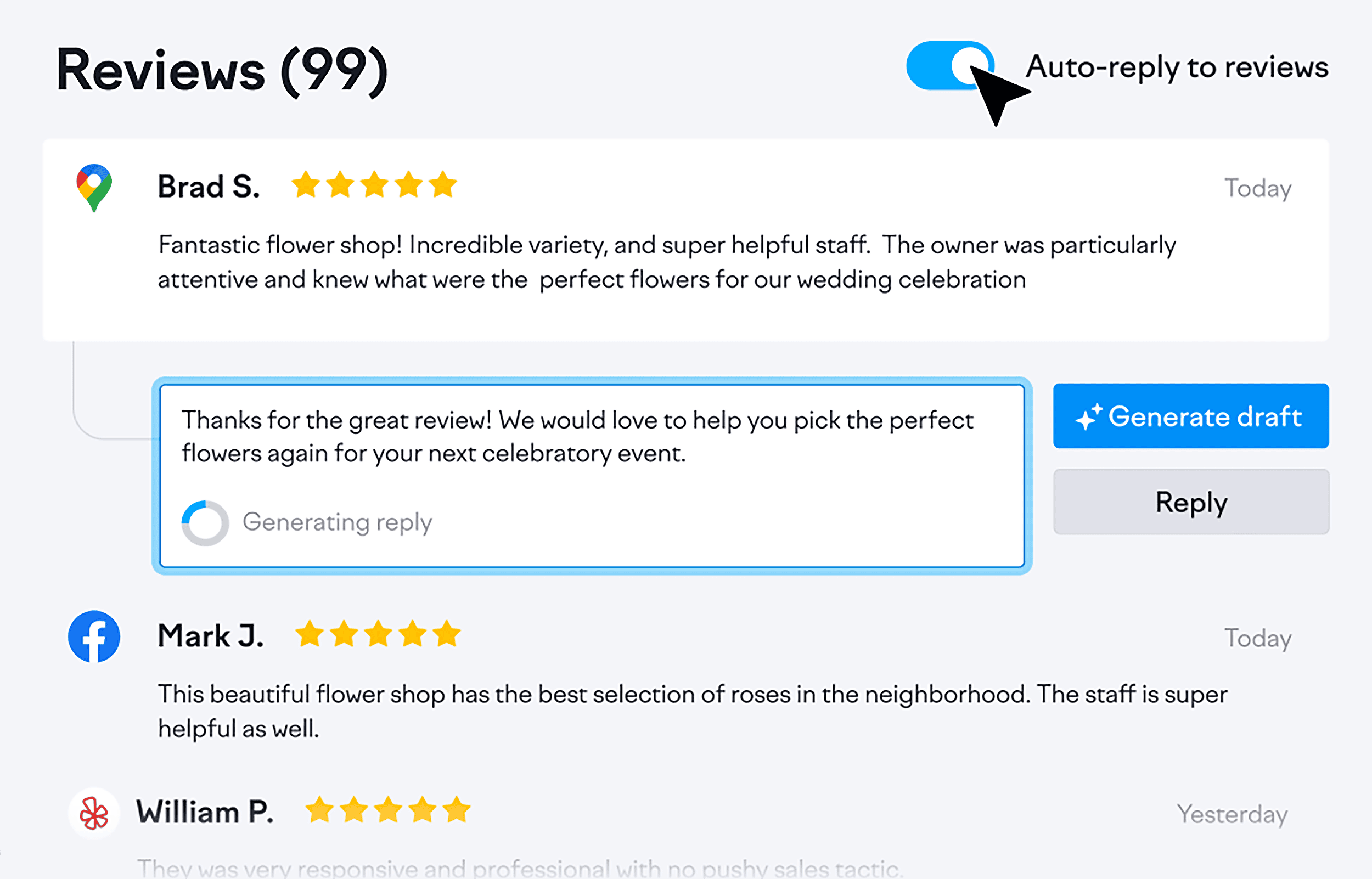 Reviews automatically reply with AI assisted drafts