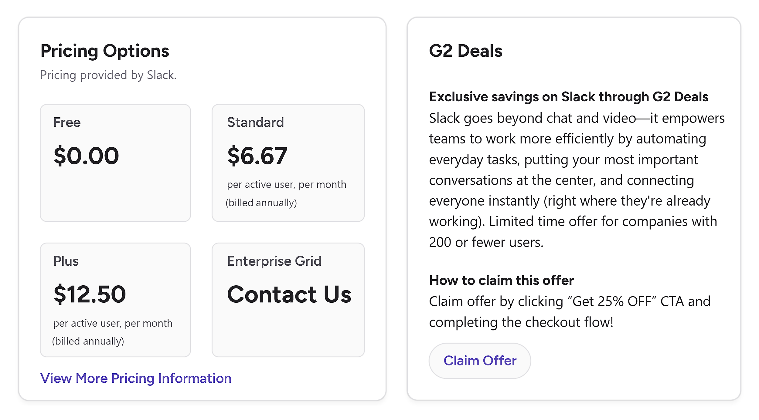 Slack G2 – Pricing options
