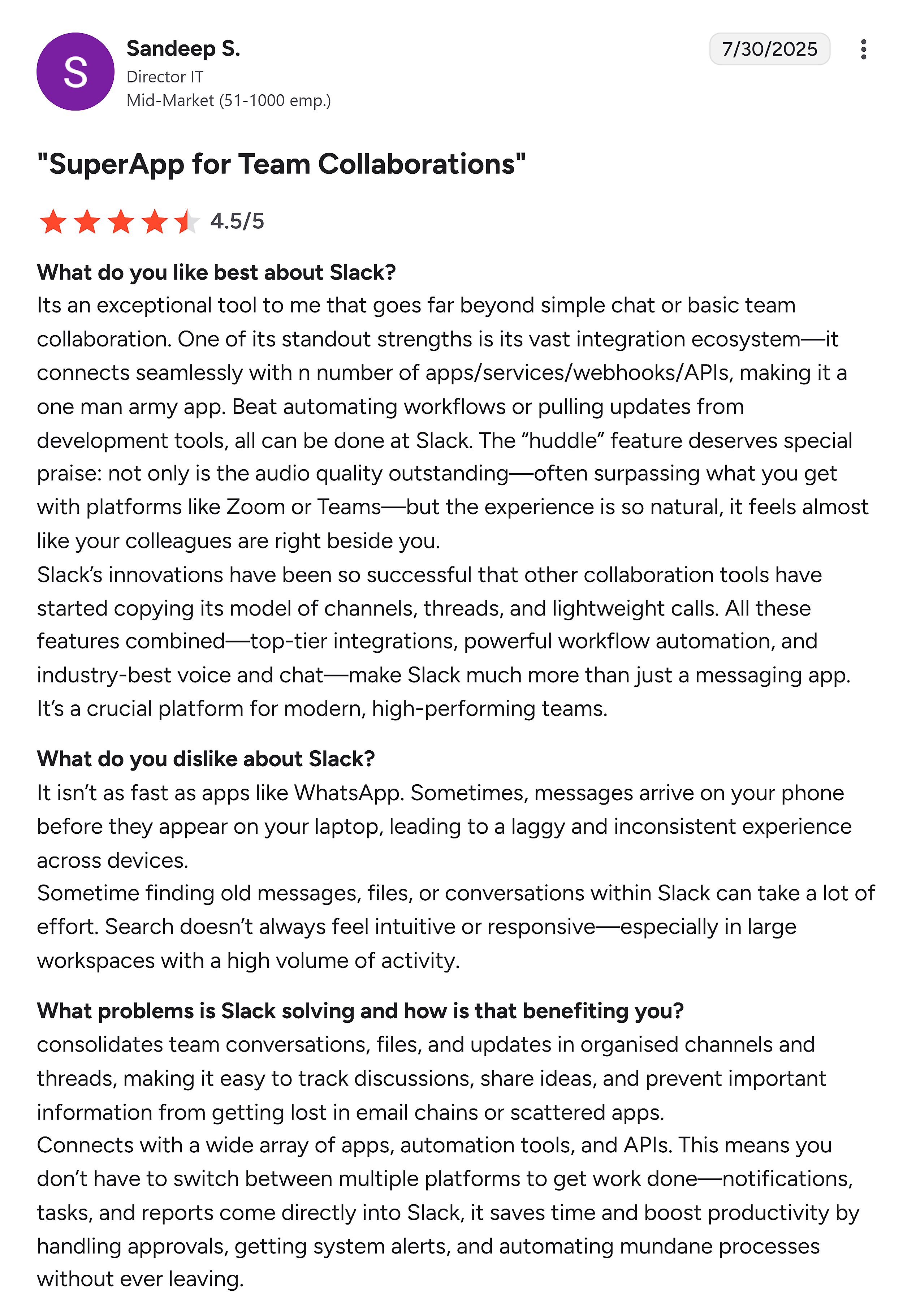 Slack's G2 review