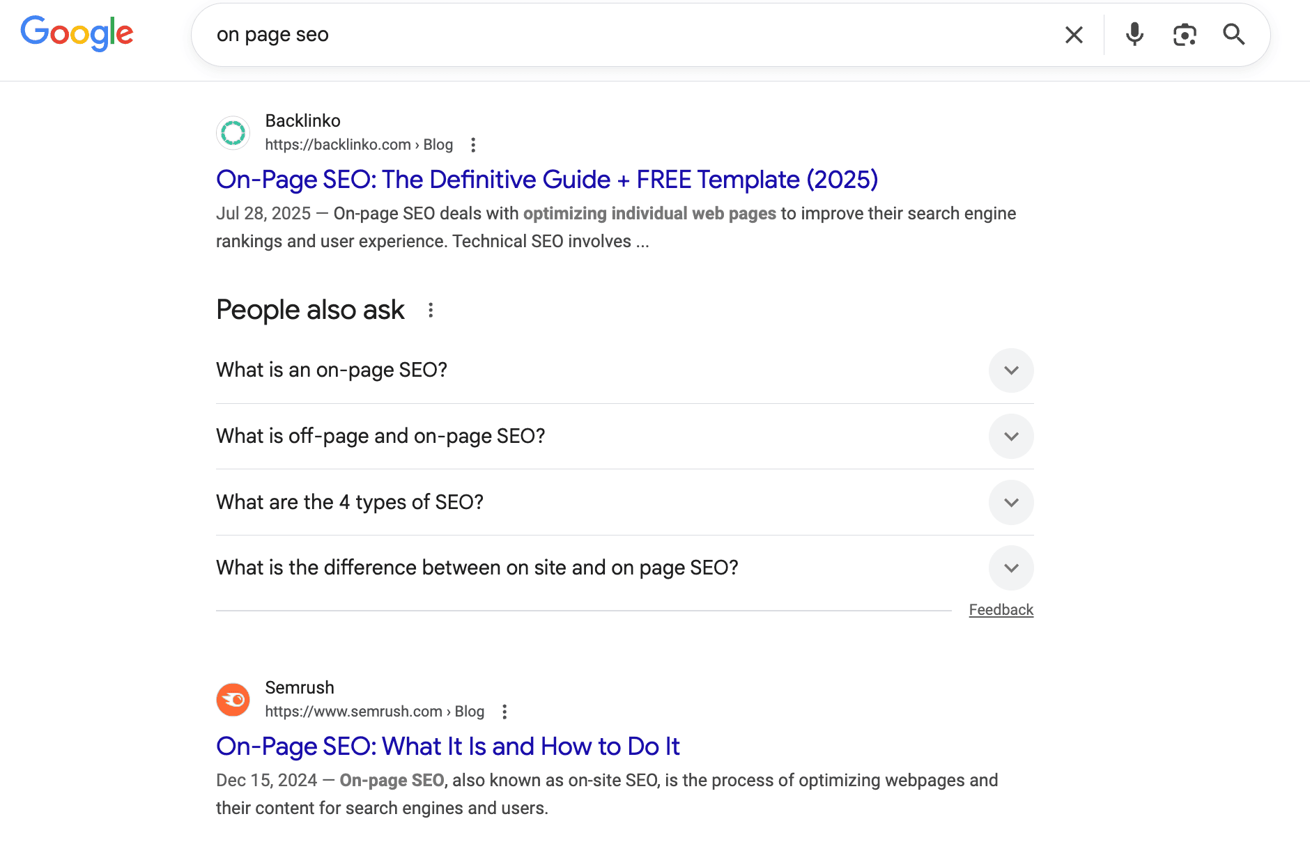 Backlinko ranking #1 for "on page seo"