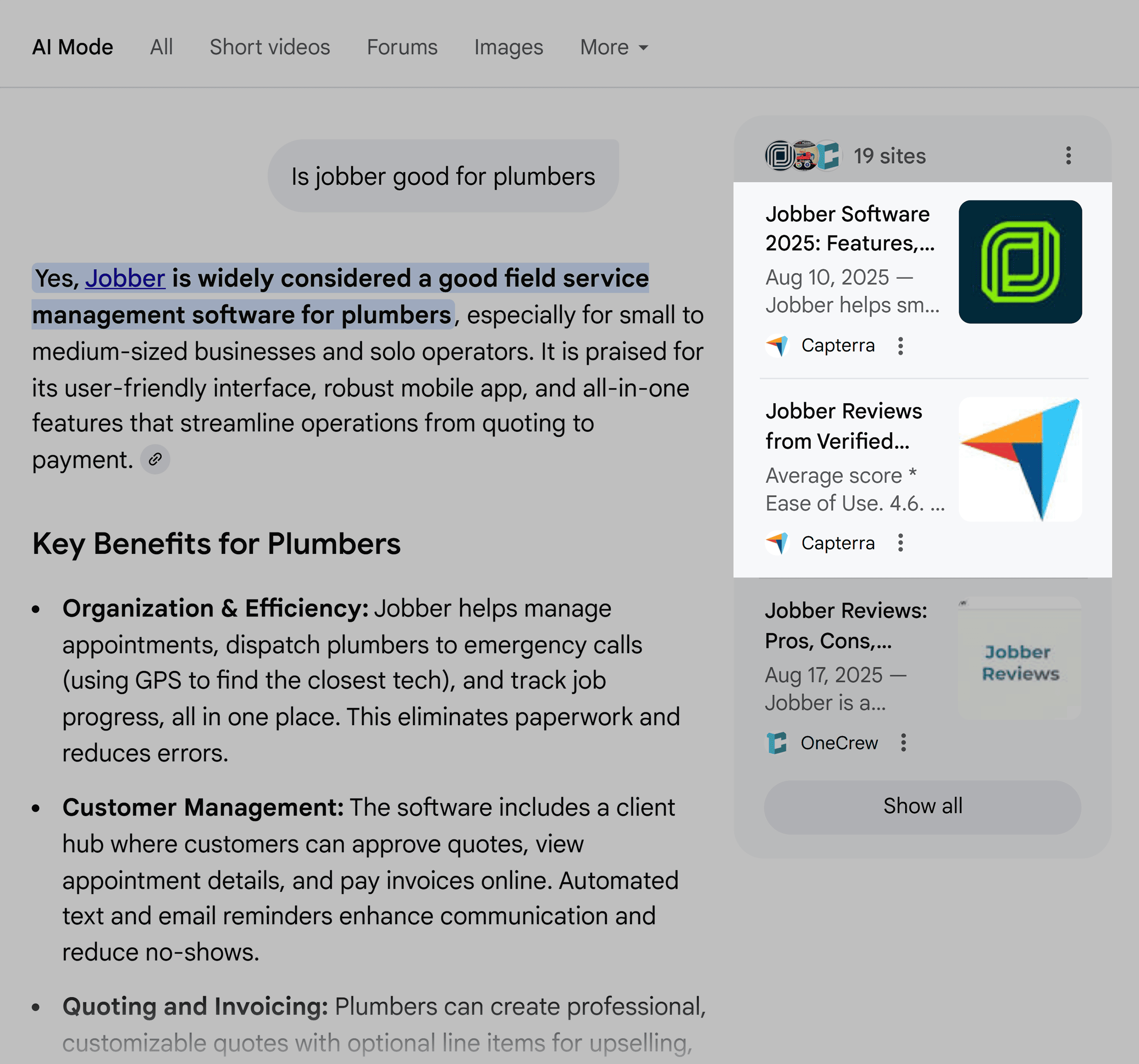 Google AI Mode – Is Jobber good for plumbers