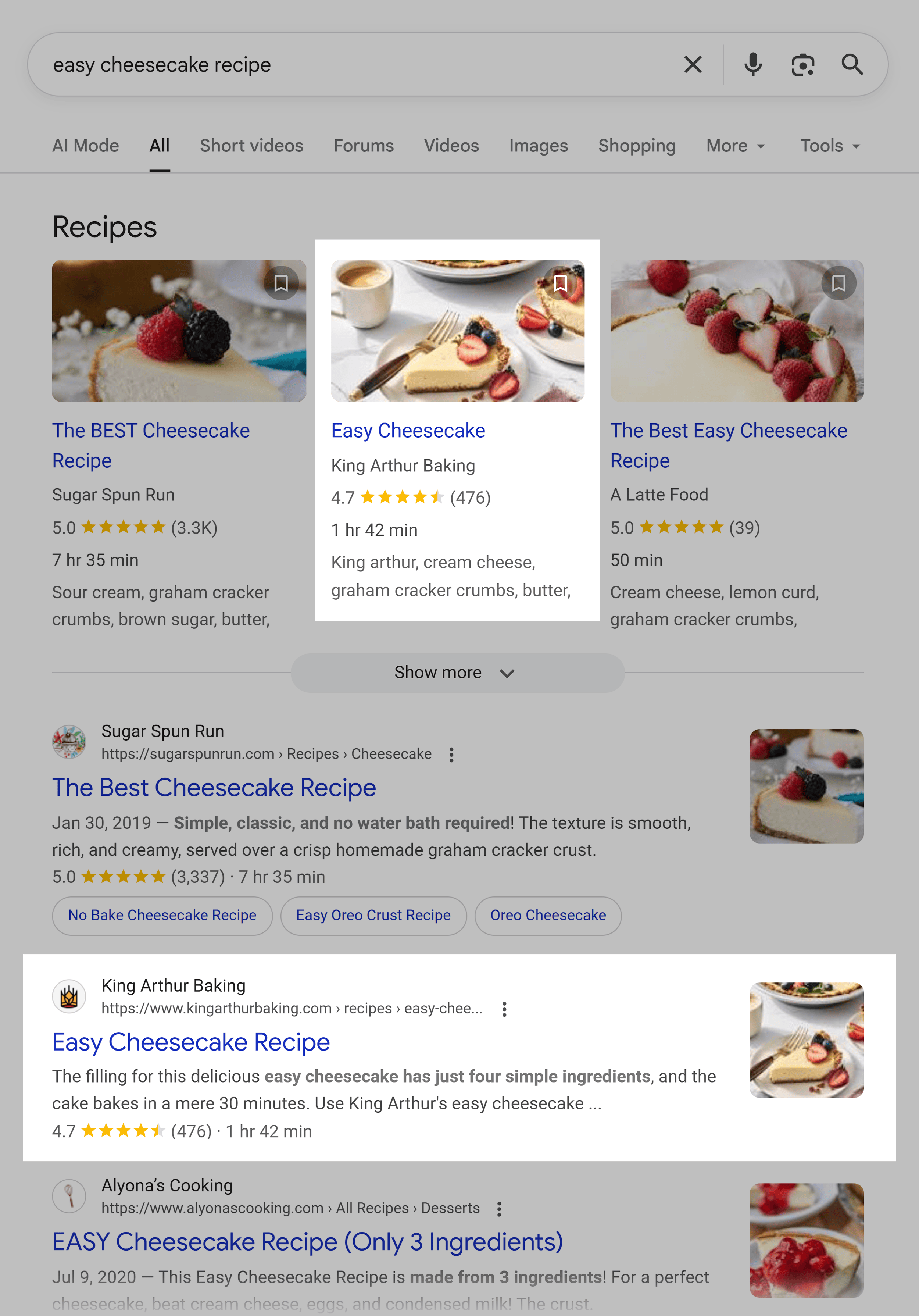 Google SERP – Easy cheesecake recipe