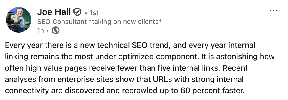 Joe Hall – LinkedIn Post About Internal Links Joe Hall - LinkedIn Post About Internal Links