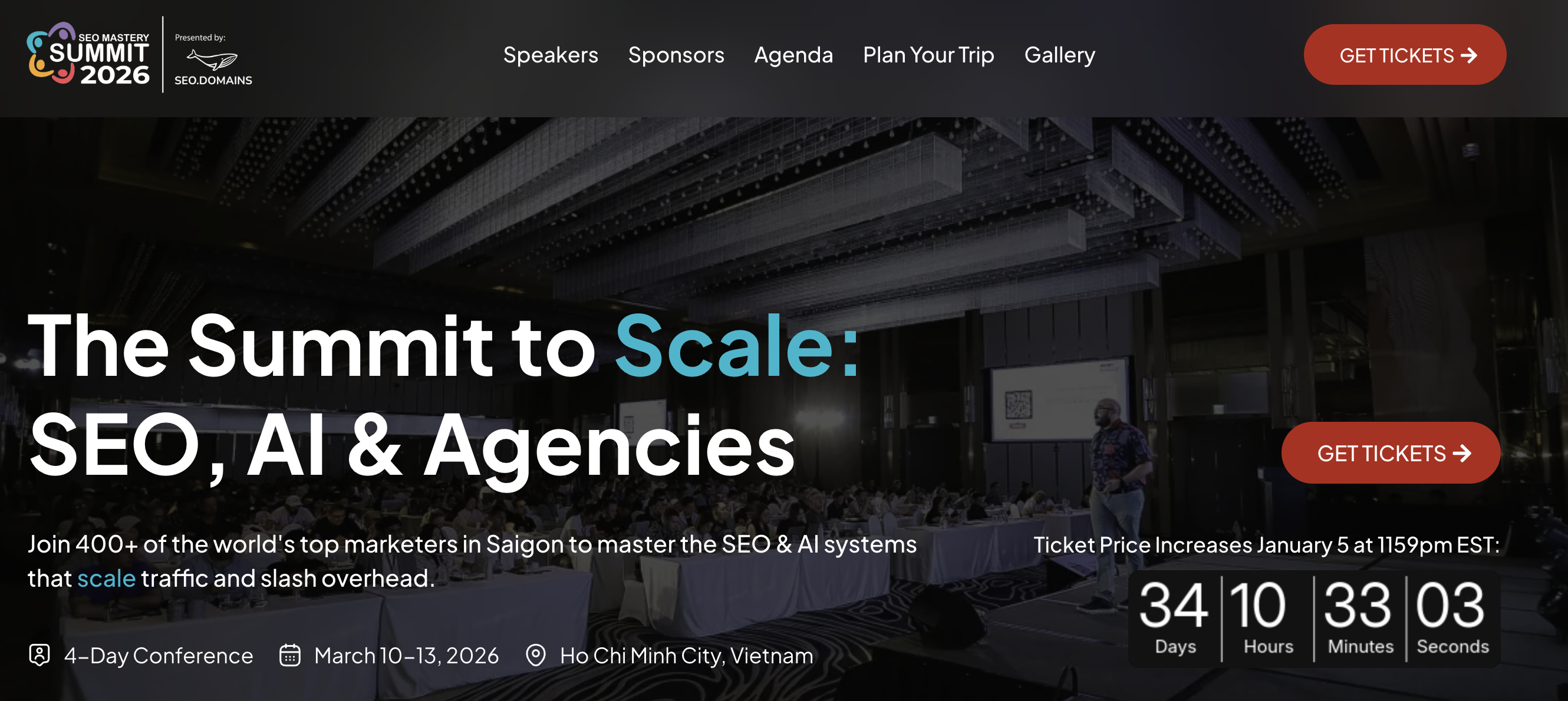 An image of the SEO Mastery Summit 2026 event in Saigon, showcasing a large conference hall with speakers, participants, and event branding.