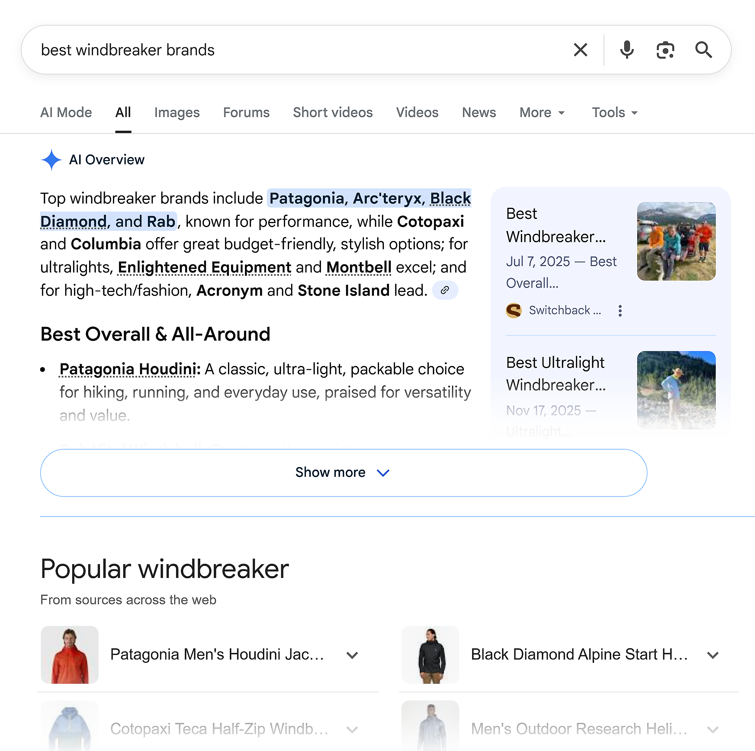Google SERP – Best windbreaker brands