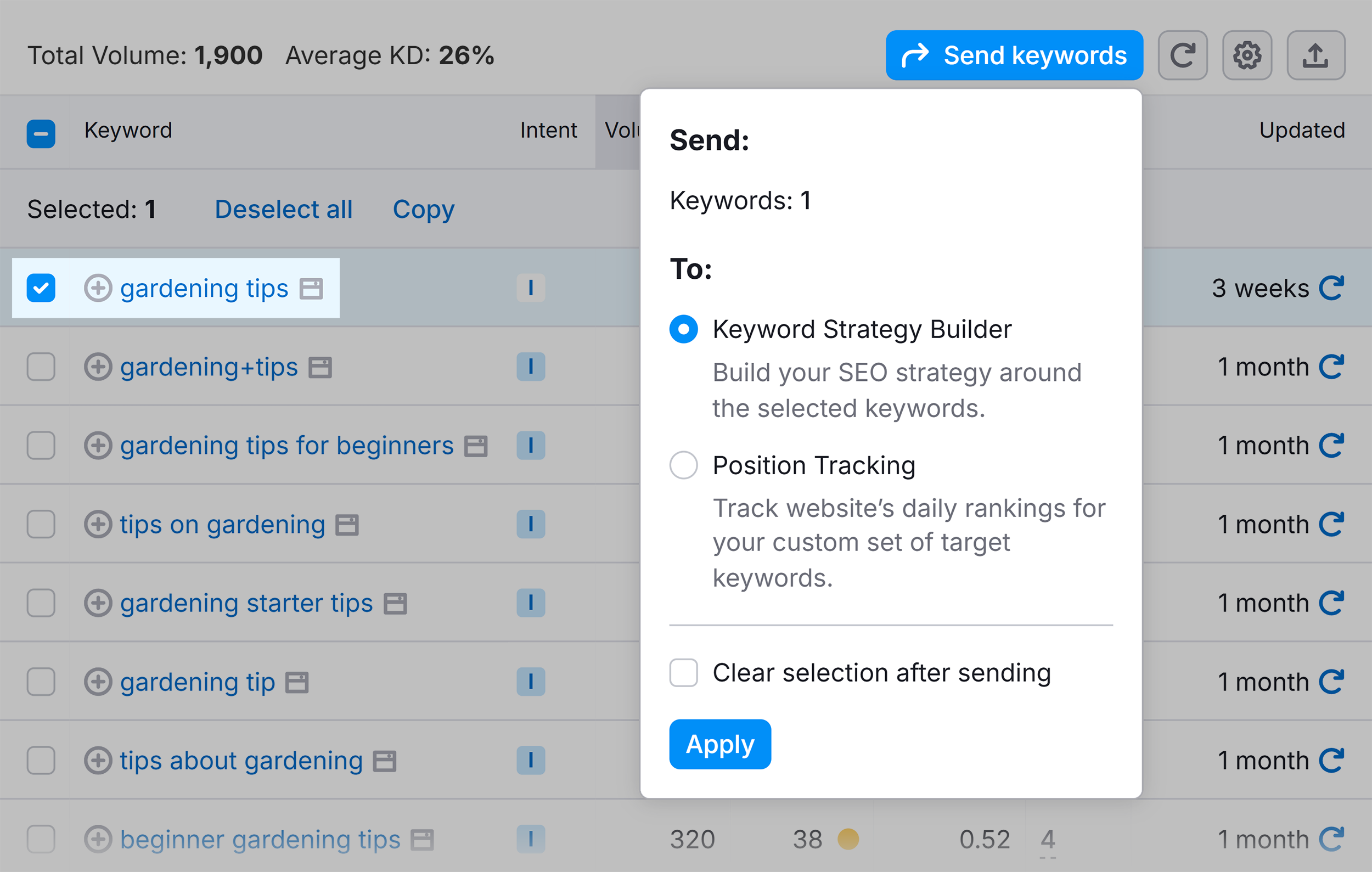 Keyword Magic Tool – Send keywords