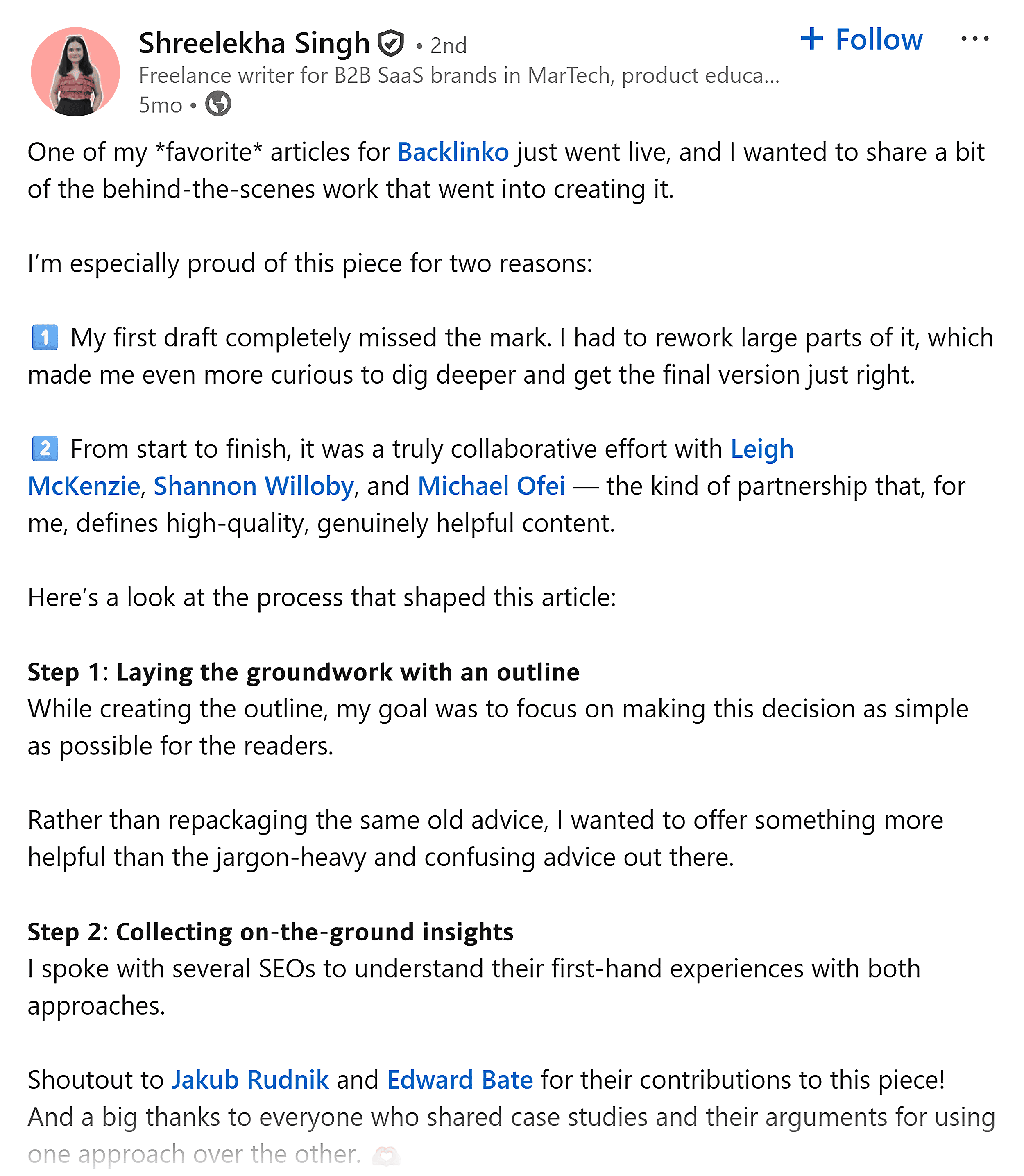 LinkedIn &ndash; Shreelekha Singh &ndash; Post