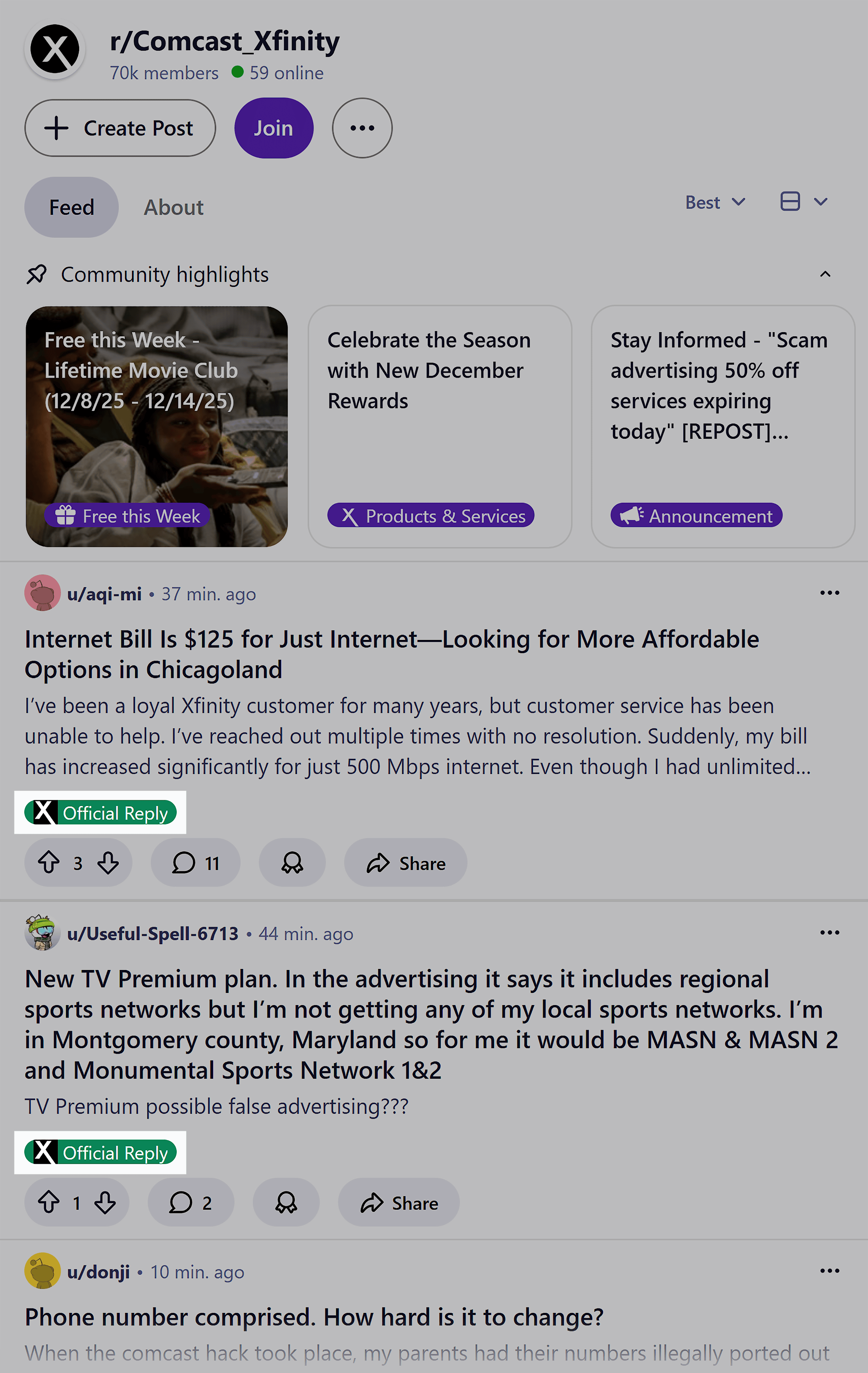 Reddit &ndash; r/Comcast_Xfinity &ndash; Official Reply