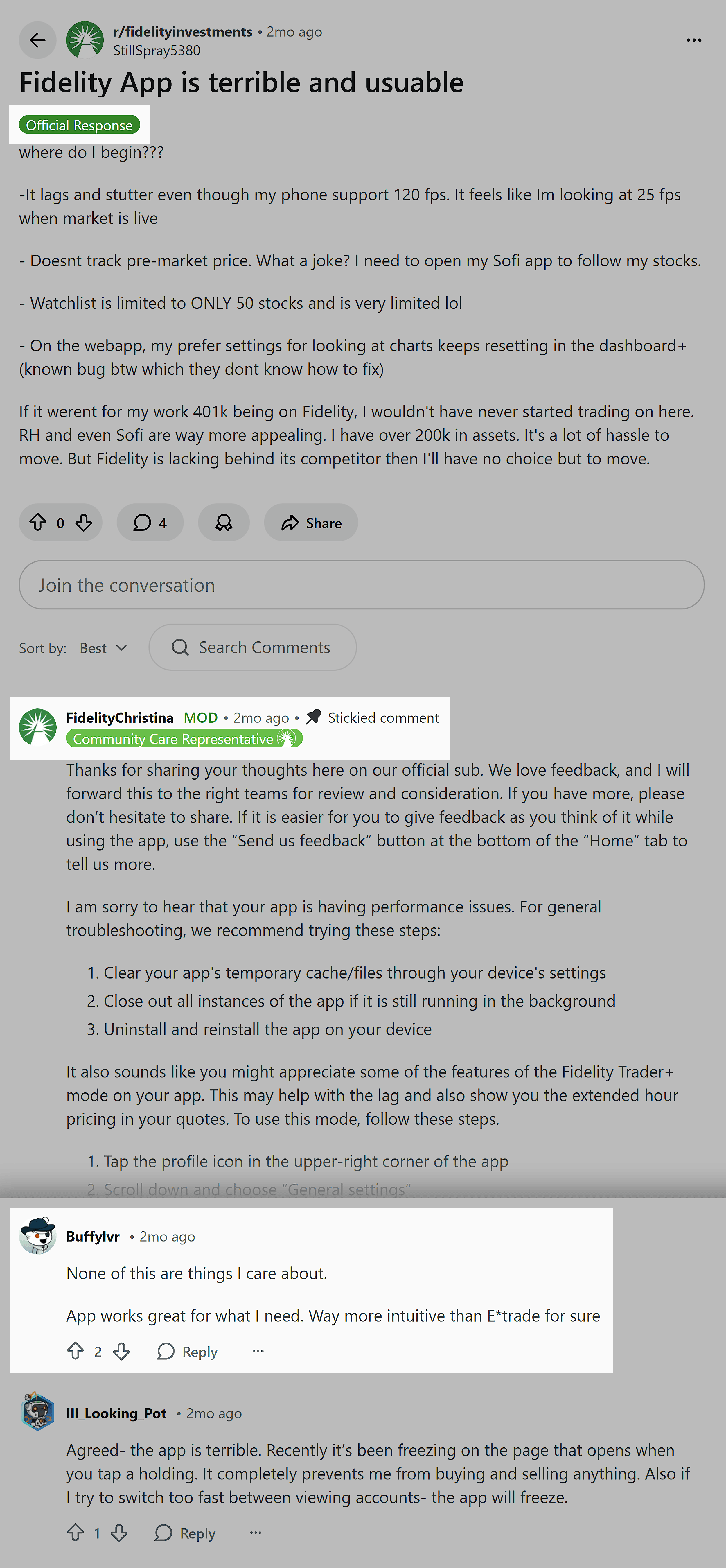 Reddit &ndash; r/fidelityinvestments &ndash; Flairs and replies