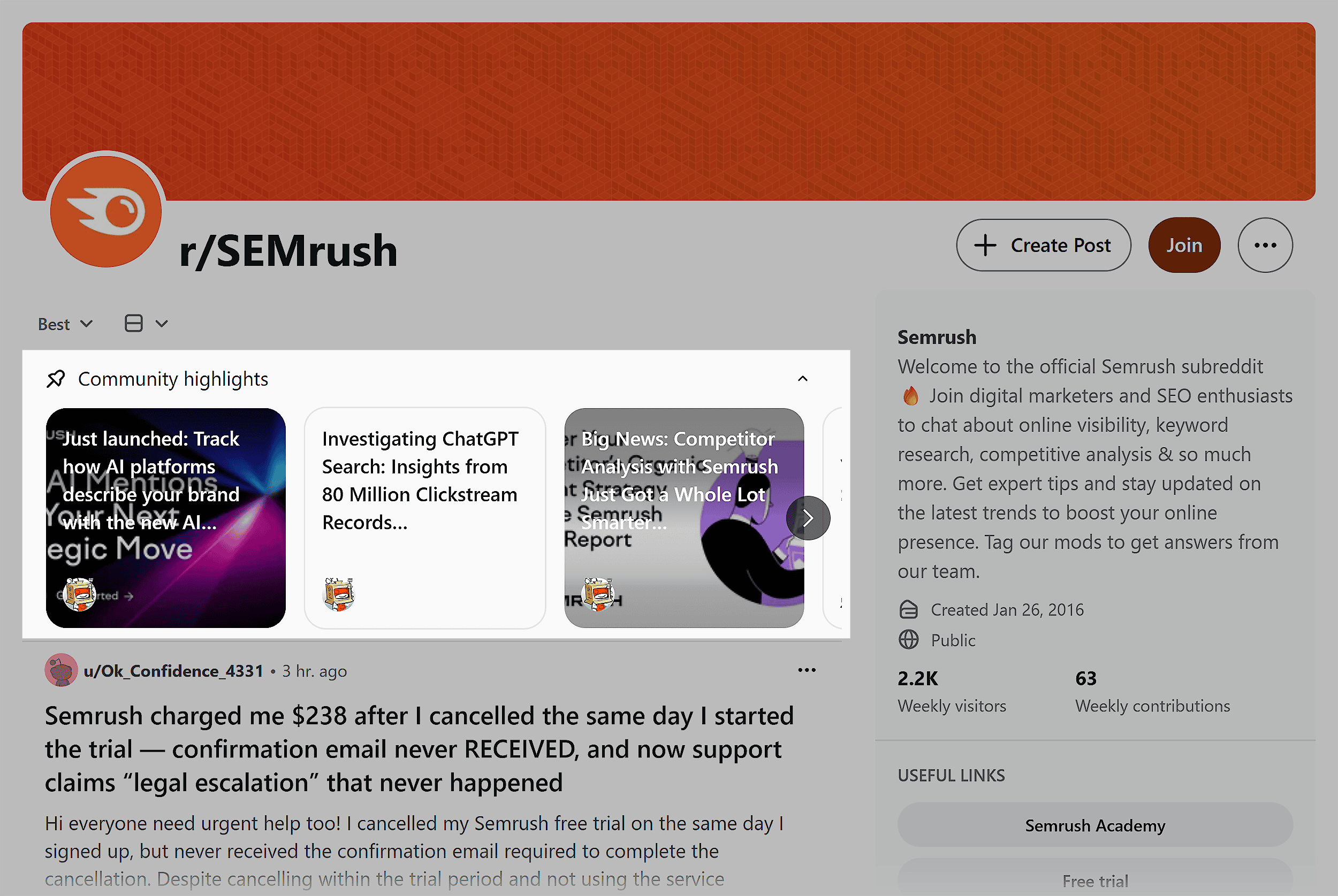 Reddit &ndash; r/SEMrush &ndash; Community highlights