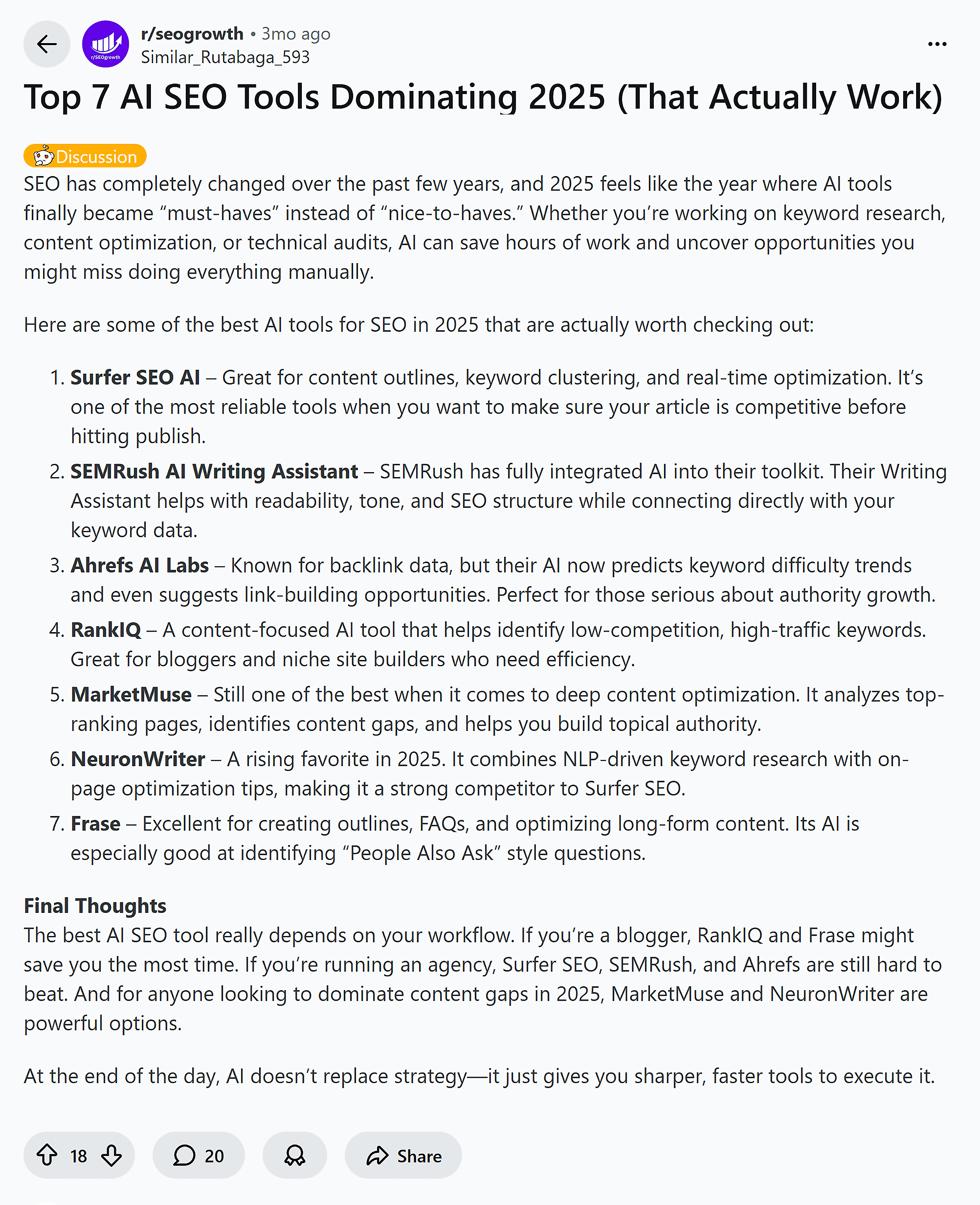 Reddit &ndash; r/seogrowth &ndash; AI SEO tools dominating