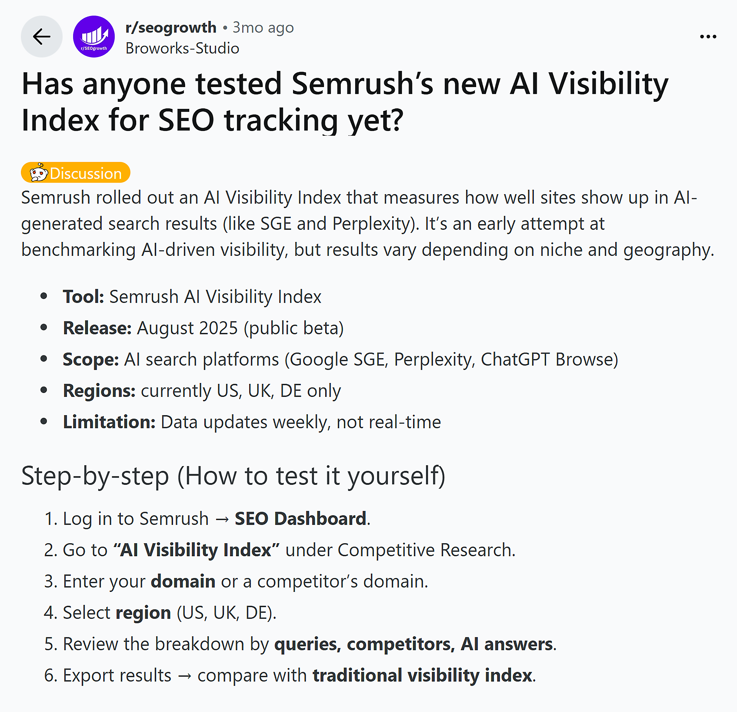 Reddit &ndash; r/seogrowth &ndash; Testing Semrush