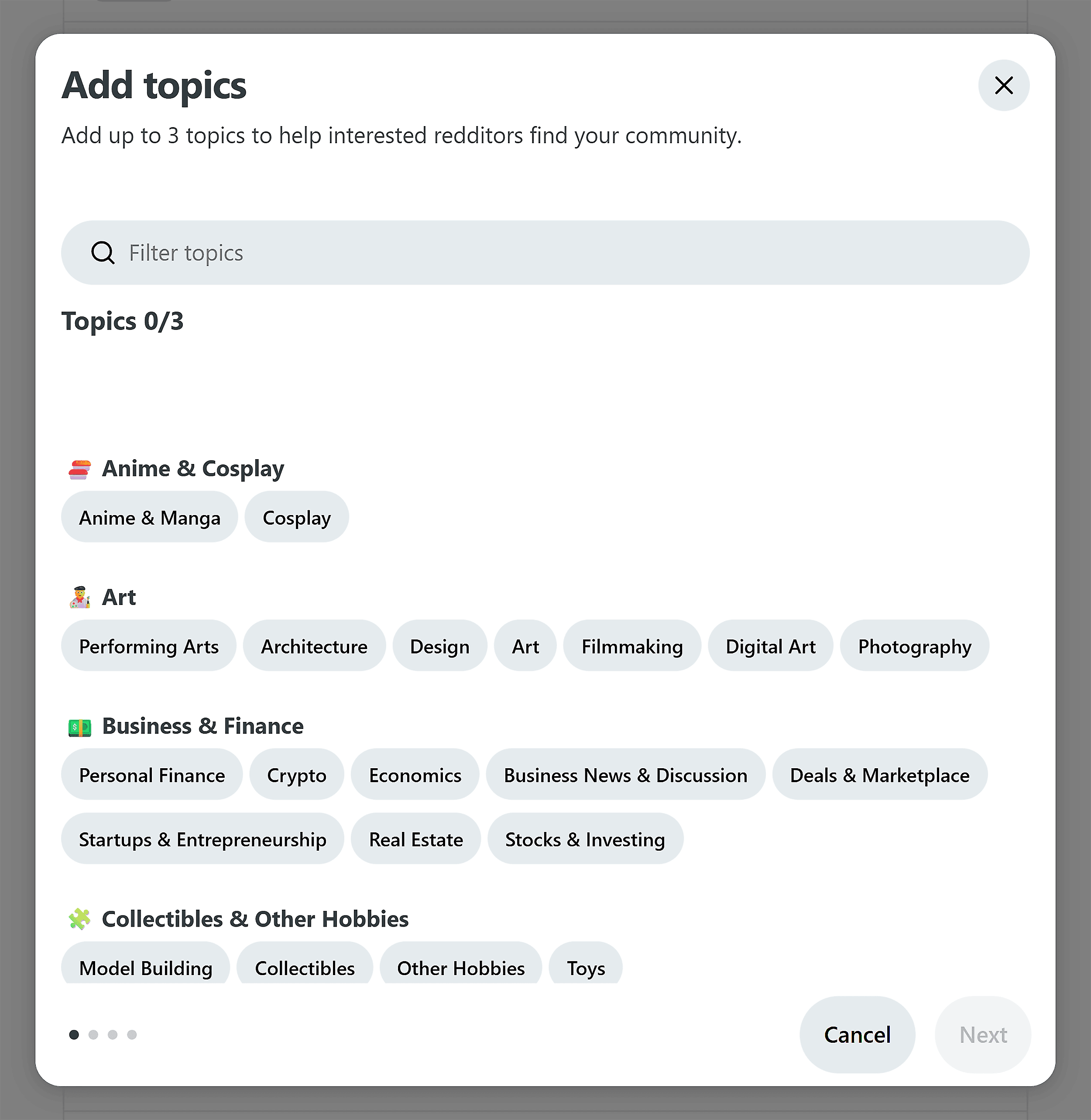 Reddit &ndash; Start a community &ndash; Add topics