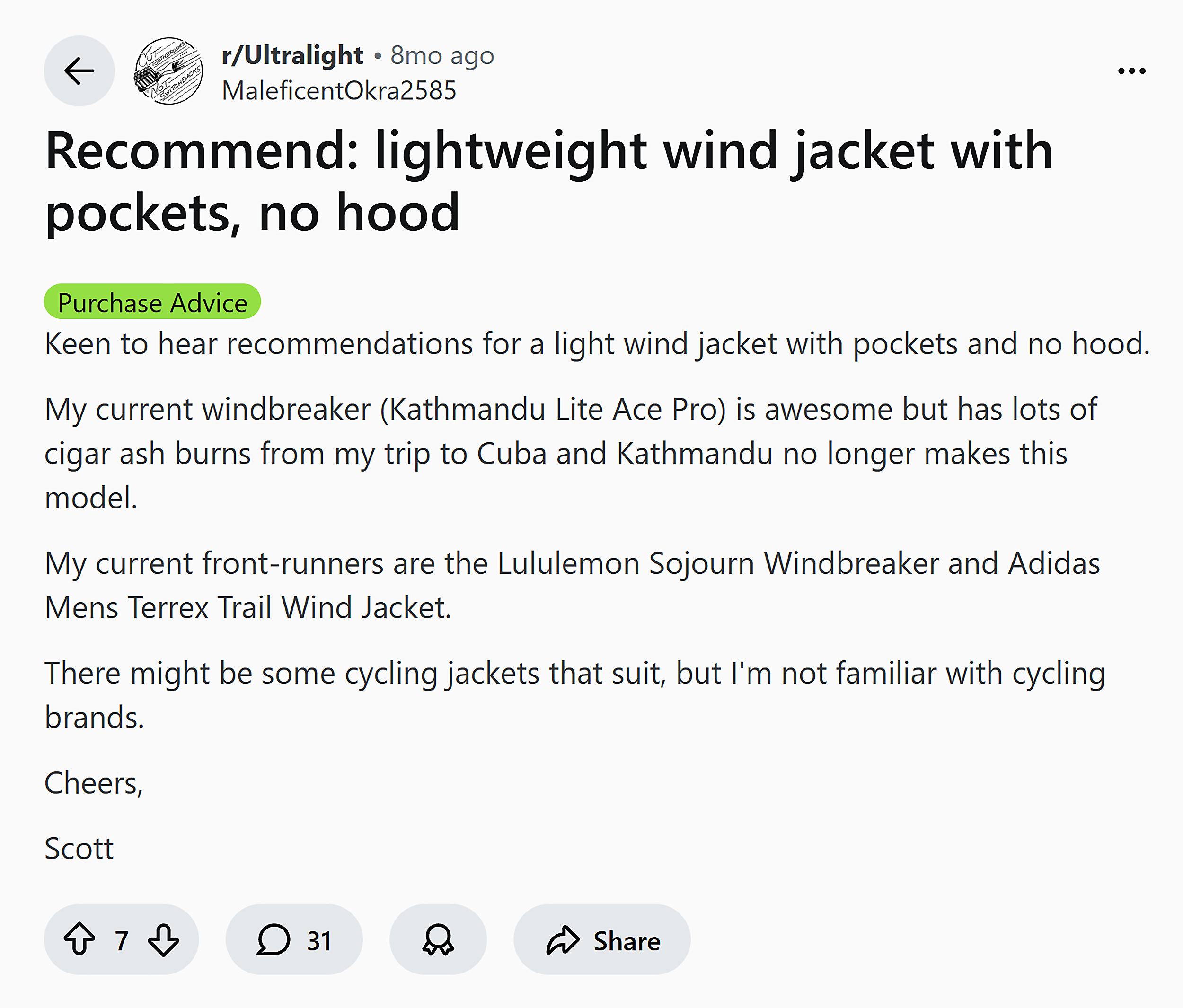 Reddit – Thread about jackets