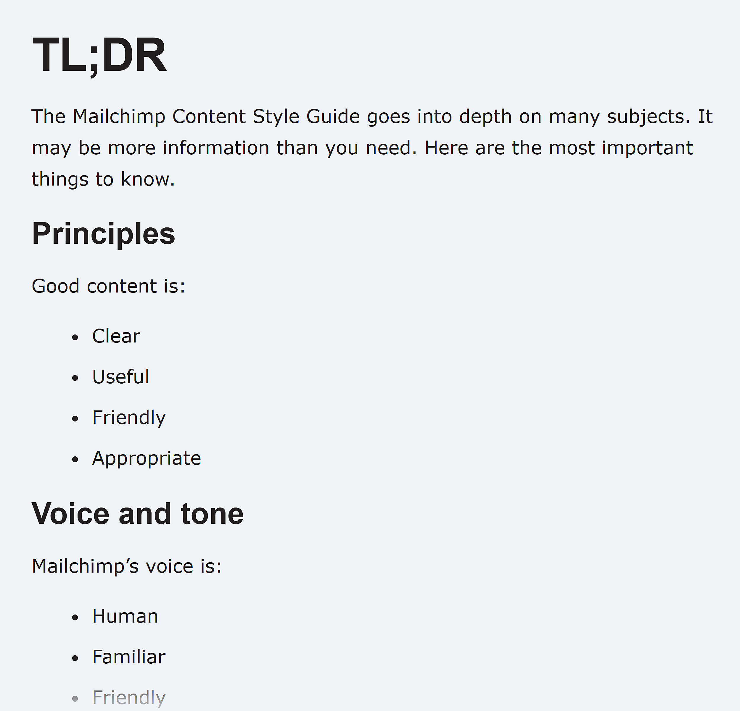 Mailchimp &ndash; Content Style Guide &ndash; Quick-view summary