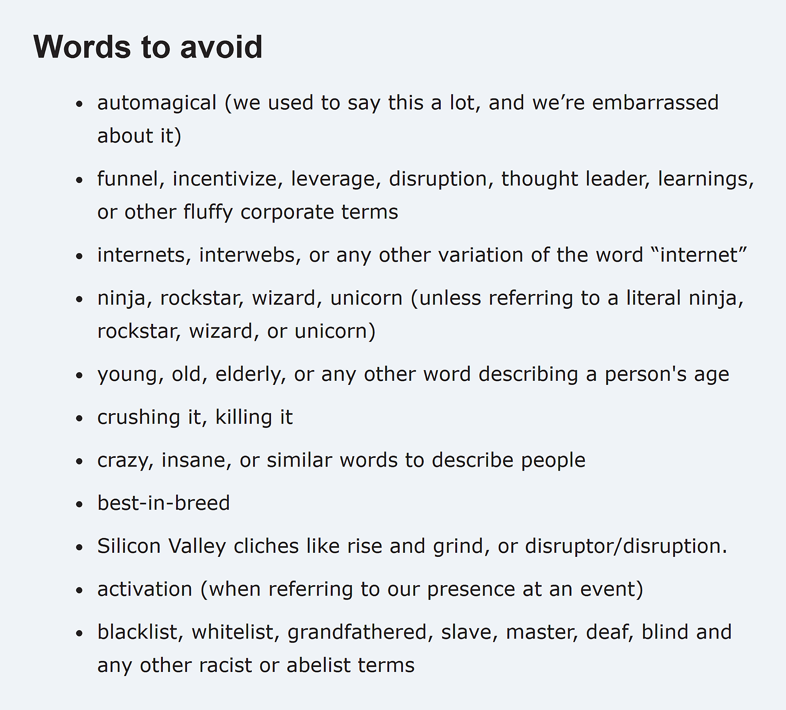 Mailchimp &ndash; Content Style Guide &ndash; Words to avoid