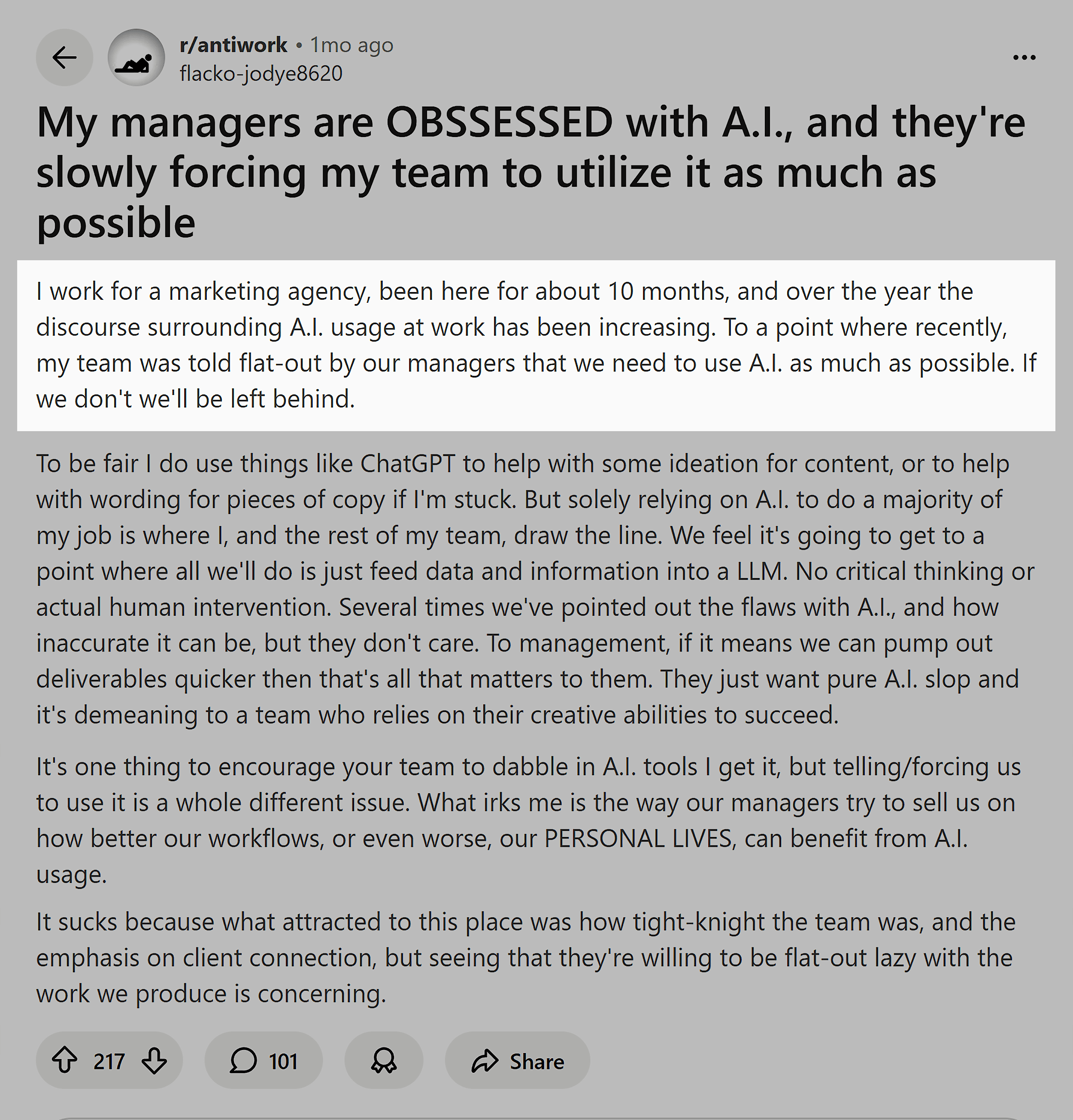 Reddit &ndash; r/antiwork &ndash; AI usage