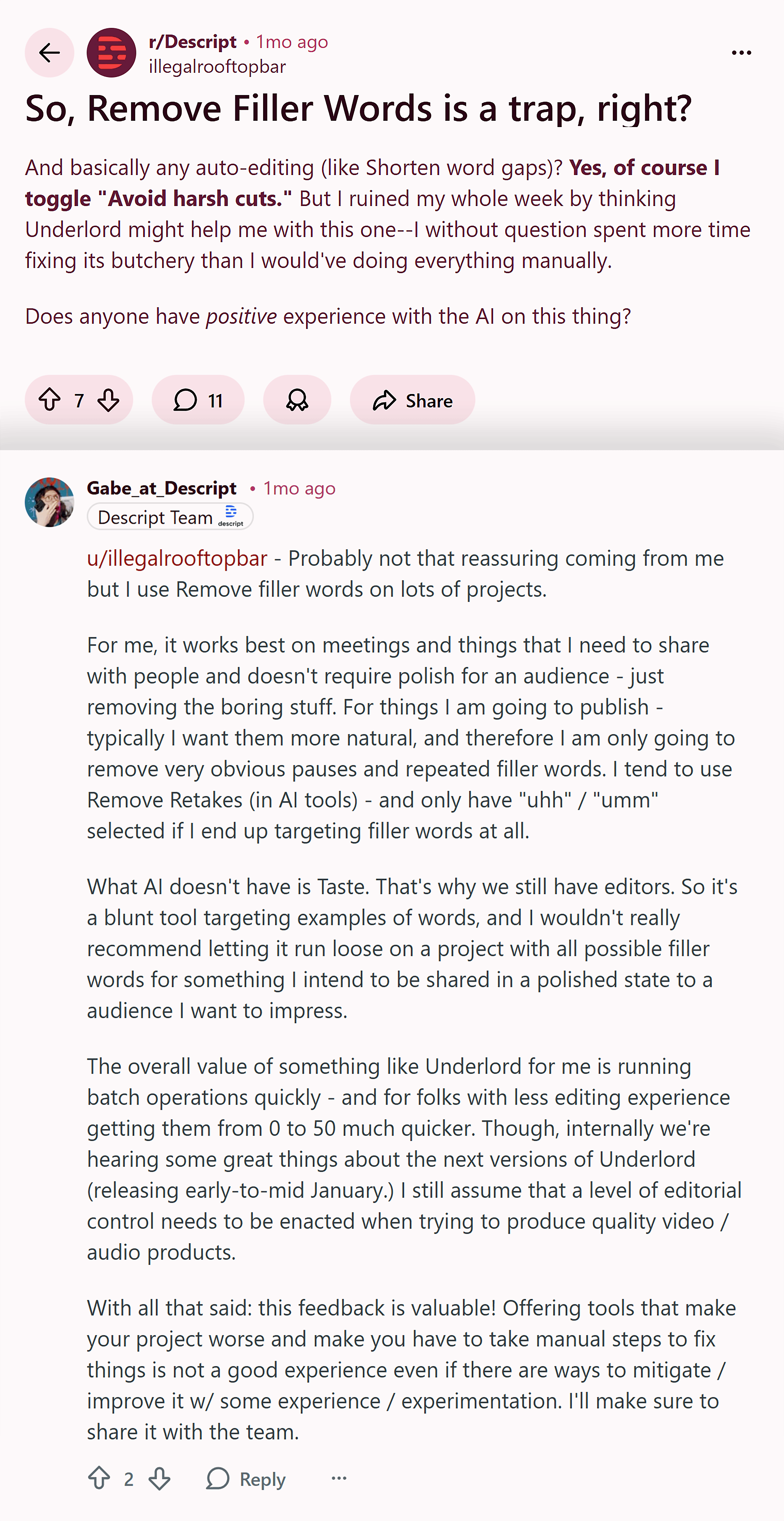 Reddit – r/Descript – Filler Words Reddit – r/Descript – Filler Words