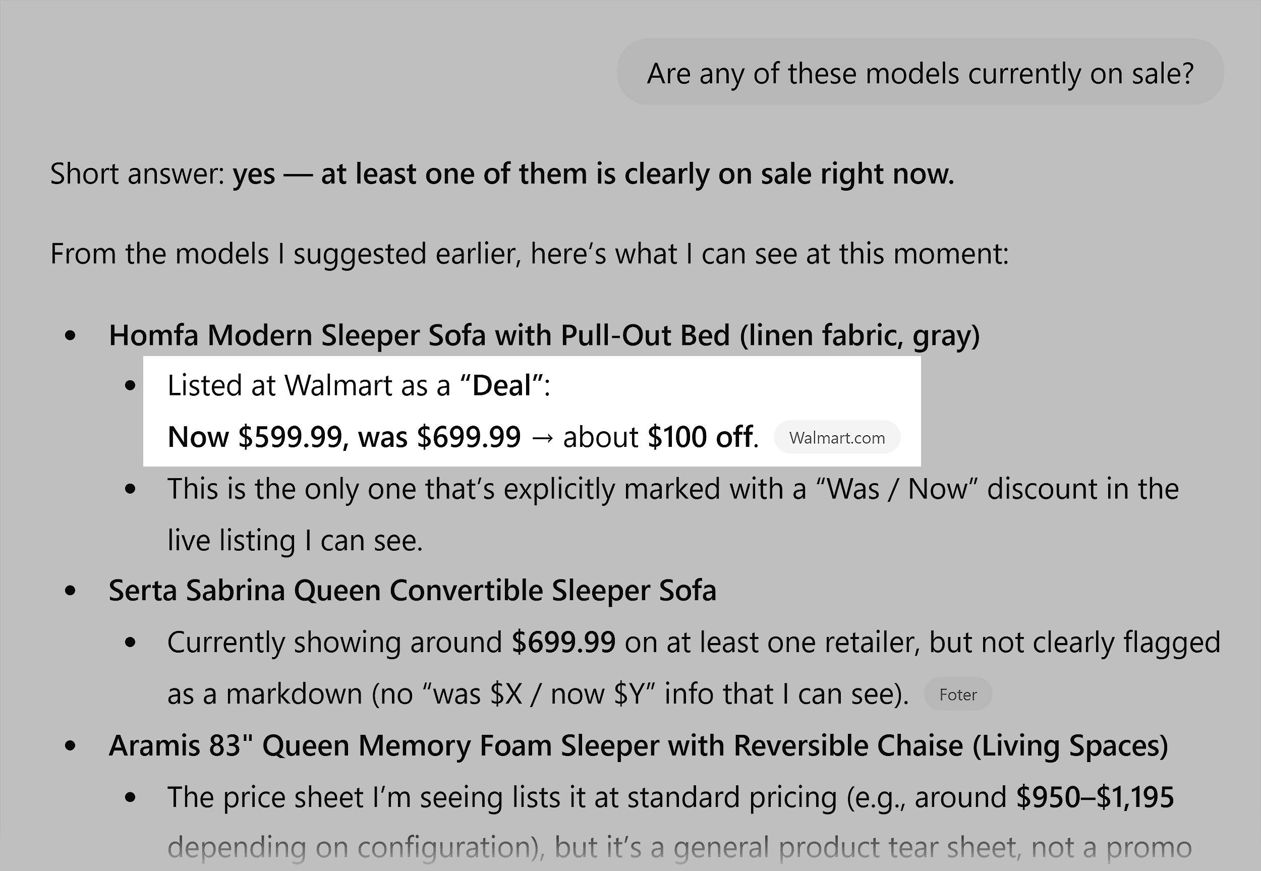 ChatGPT &ndash; Narrowed down options & provided prices