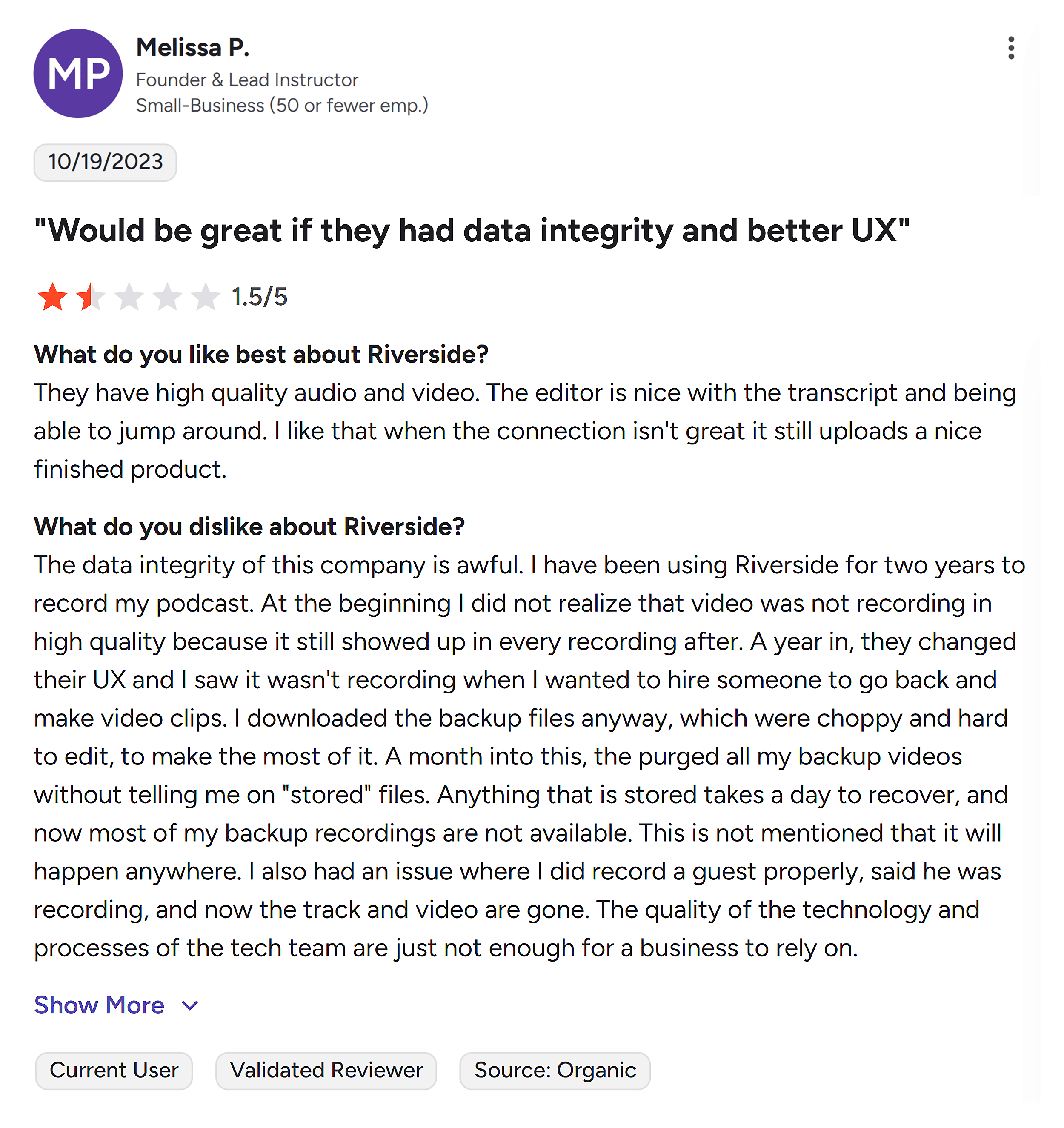 G2 &ndash; Riverside &ndash; Negative review